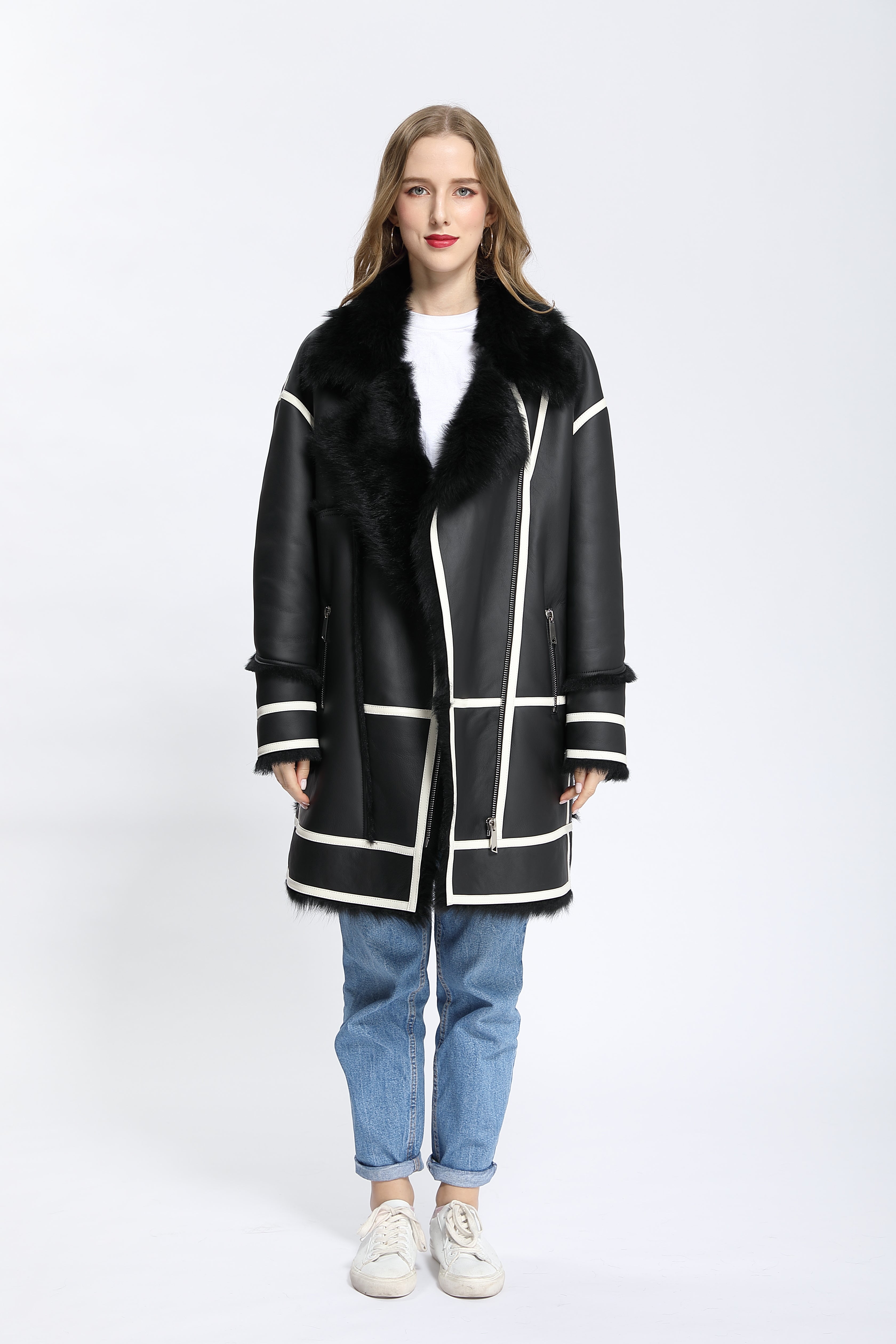 Women's Young-Style Color-Block Shearling Biker Jacket with Fur Collar & Asymmetric Zipper - Trendy Winter Outerwear