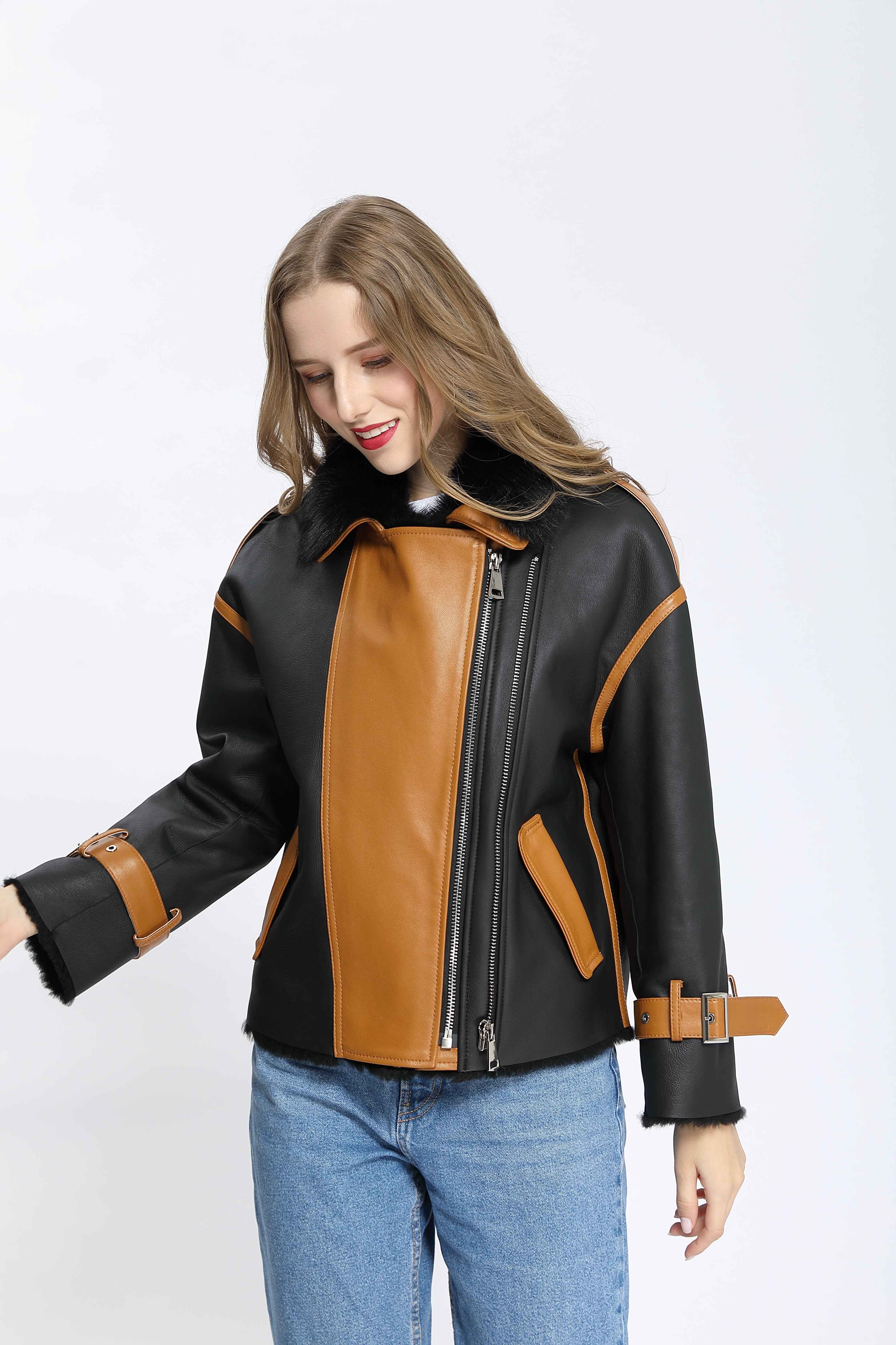 Women's Color-Block Toscana Shearling Asymmetric Biker Jacket with Fur Collar & Buckle Cuffs - Luxe Winter Outerwear