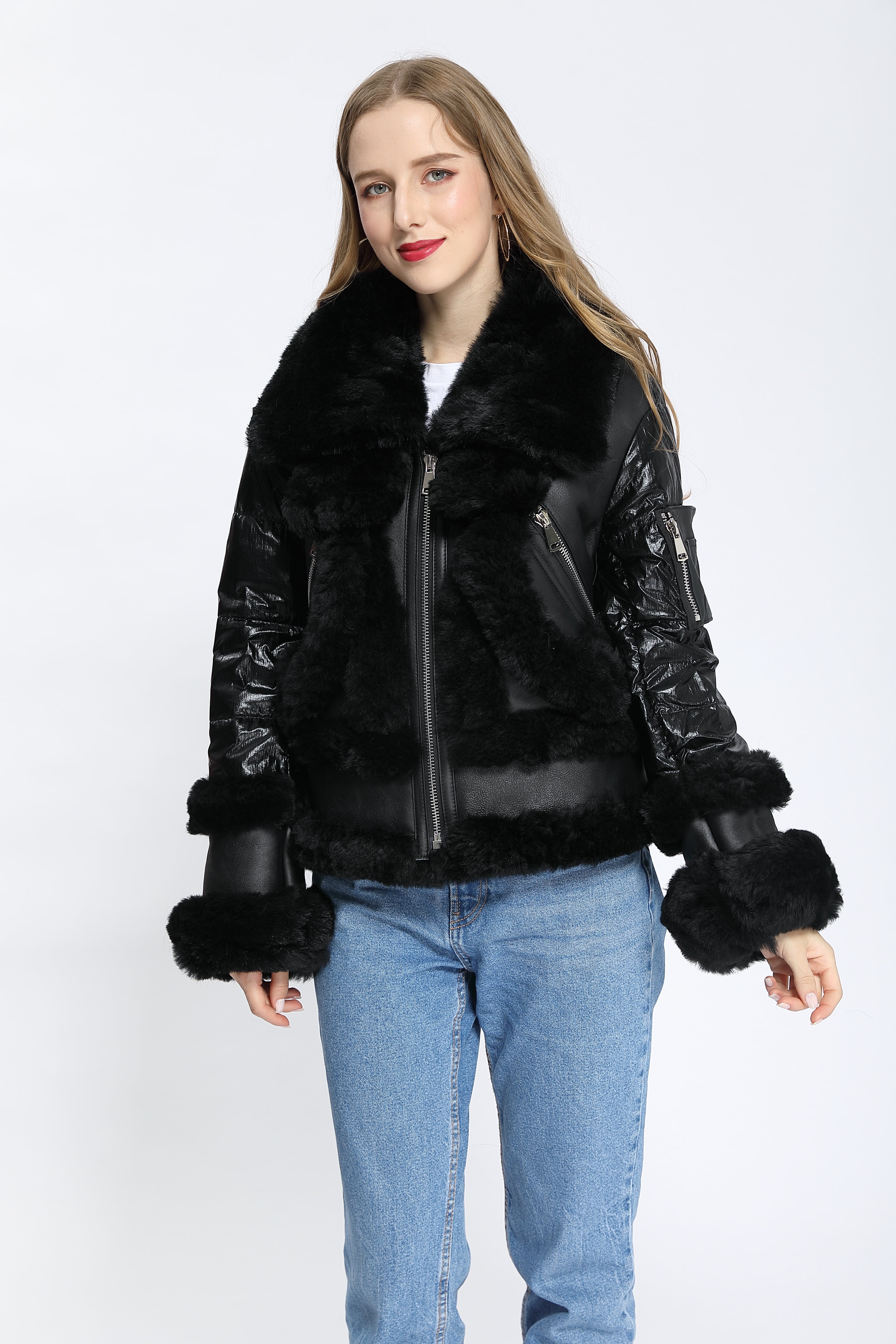 Women's Black Down & Shearling Biker Jacket with Fox Fur Trim - Edgy Winter Outerwear