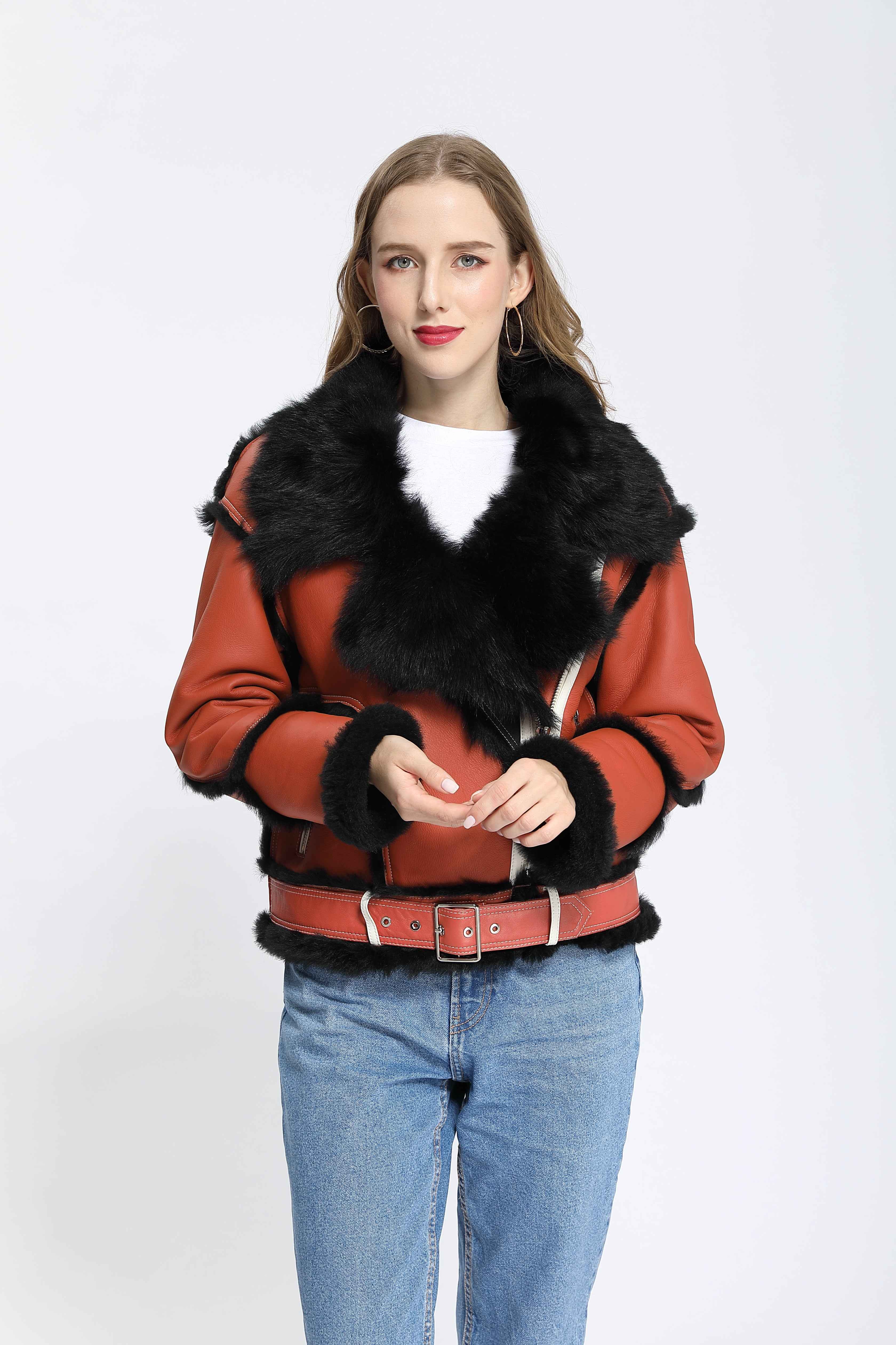 Women's Toscana Shearling Biker Jacket with Notched Lapel, Contrast Fur Trim & Belted Waist - Luxe Color-Block Outerwear