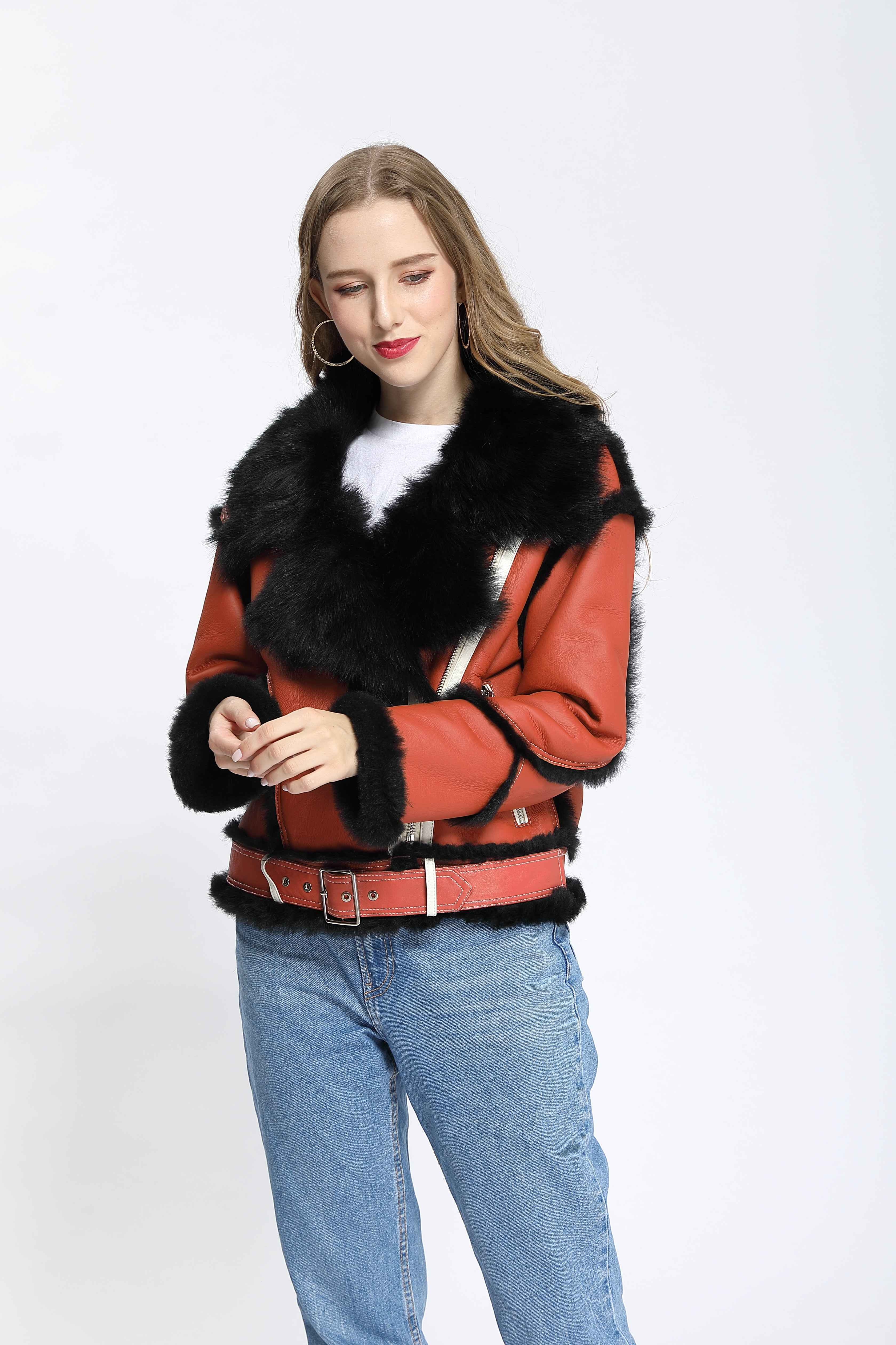 Women's Toscana Shearling Biker Jacket with Notched Lapel, Contrast Fur Trim & Belted Waist - Luxe Color-Block Outerwear