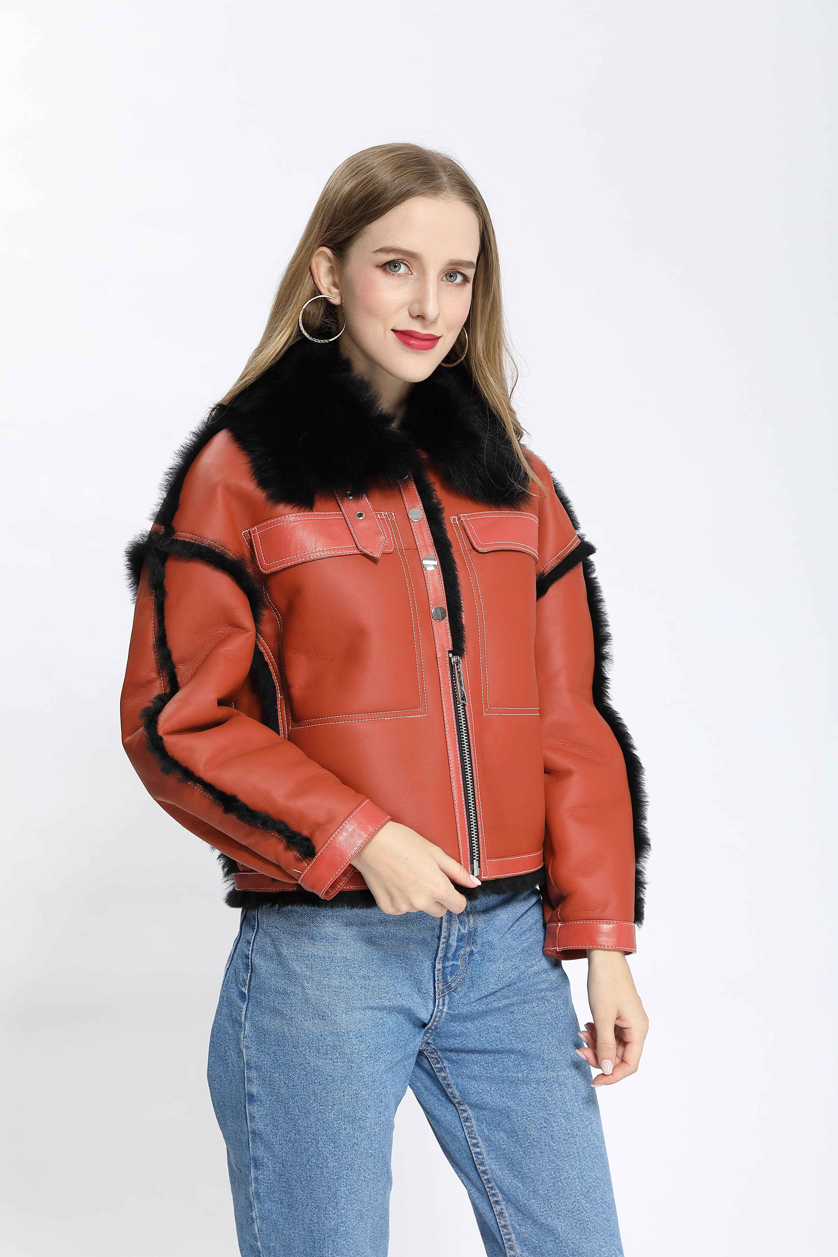 Women's Toscana Shearling Jacket with Zipper & Snap Button Placket, Contrast Fur Trim - Luxe Winter Outerwear