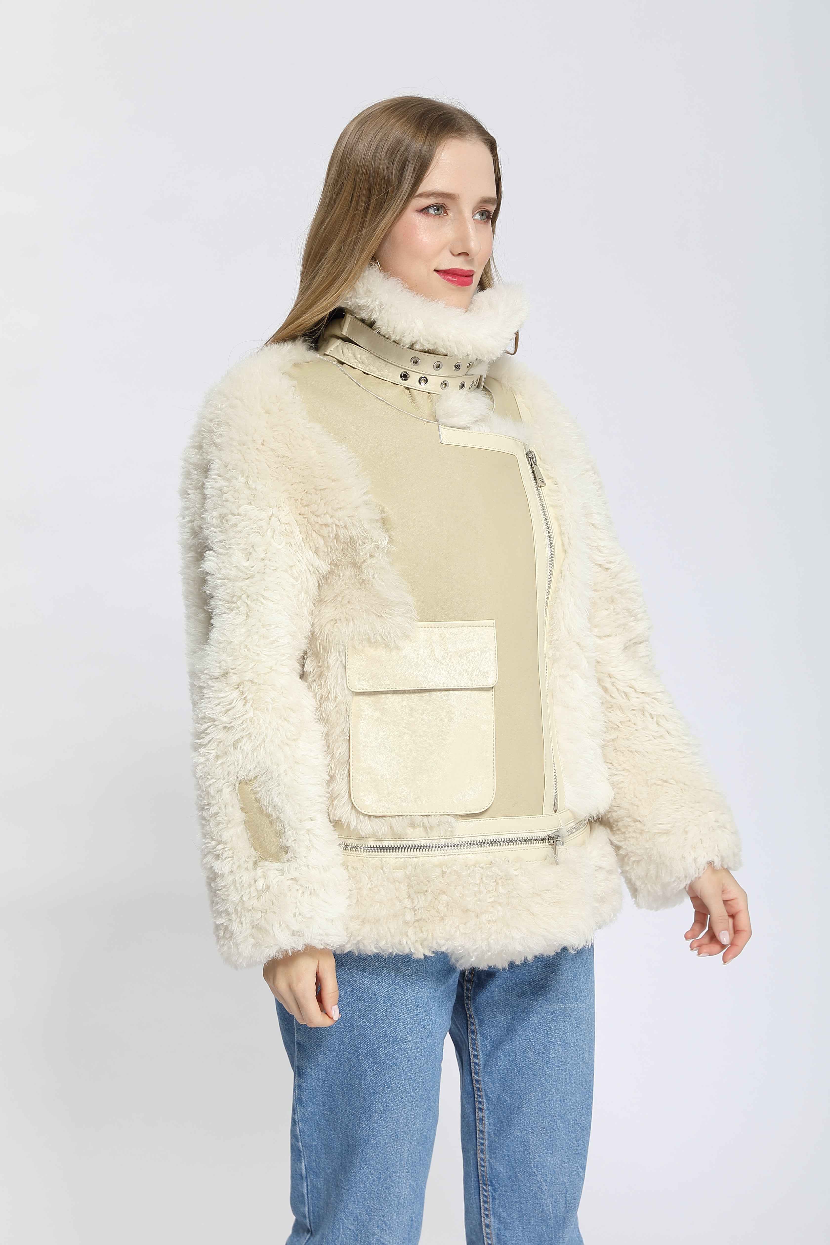 Women's Shearling Basha Jacket with Single-Side Patch Pocket - Luxe Textured Outerwear