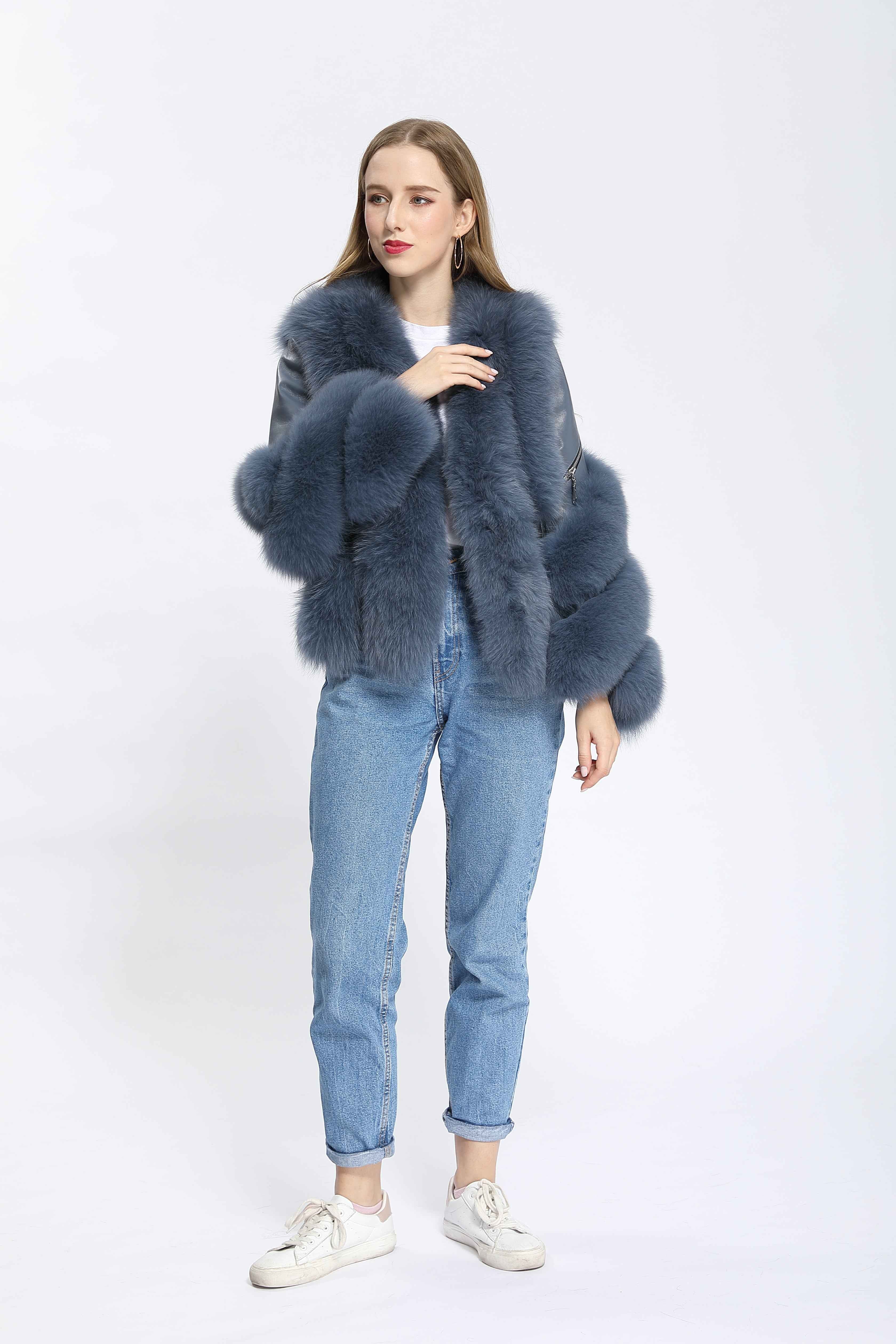 Luxury Blue Striped Fox Fur Coat with Leather Panels and Left Sleeve Zipper Detail