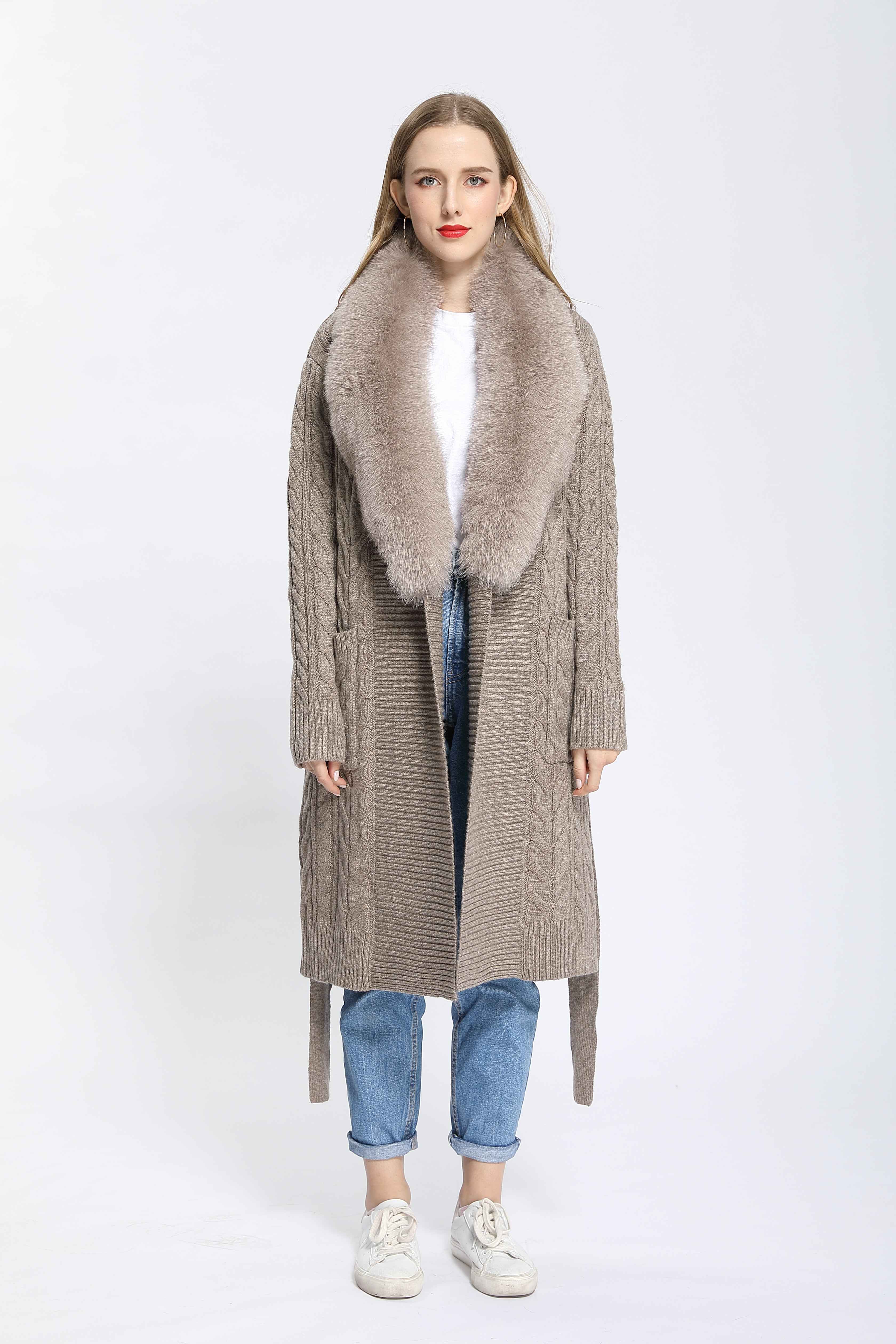 Women's Shawl Collar Knitted Coat with Fox Fur Collar & Self-Tie Belt - Luxe Winter Outerwear