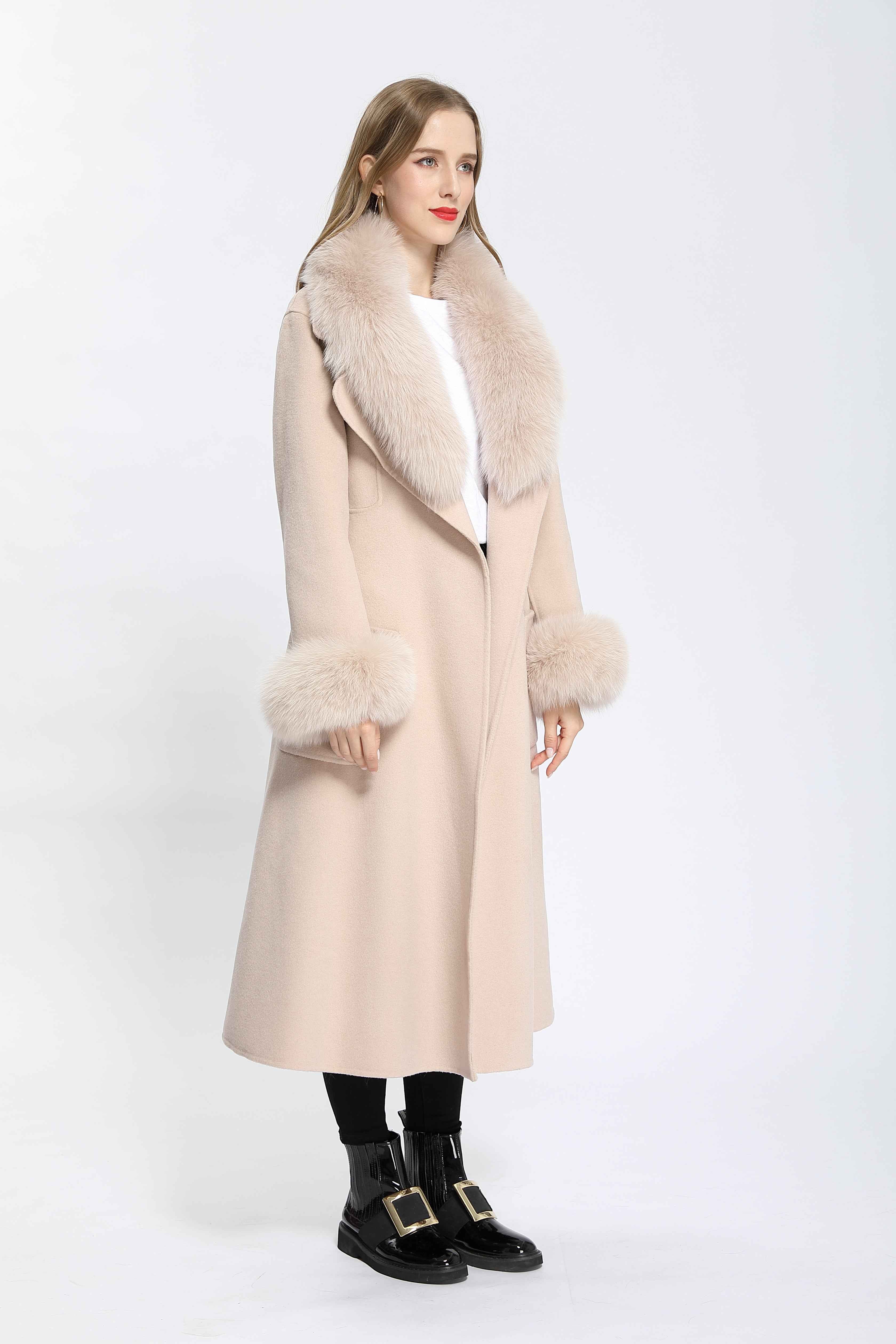 Women's Camel Wool Long Coat with Fox Fur Collar and Cuffs Trim, Elegant Oversized Winter Jacket for Casual Outfits