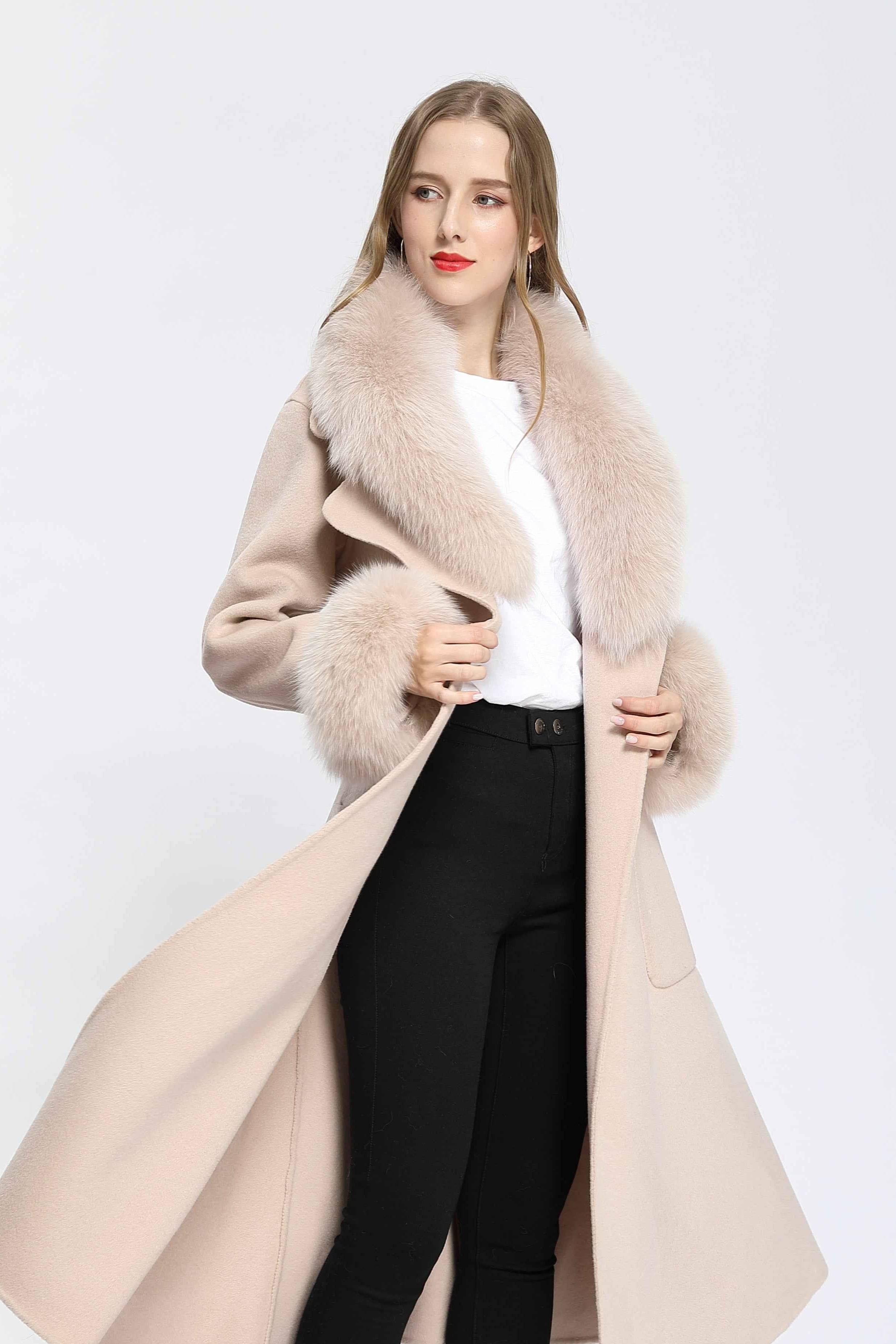 Women's Camel Wool Long Coat with Fox Fur Collar and Cuffs Trim, Elegant Oversized Winter Jacket for Casual Outfits