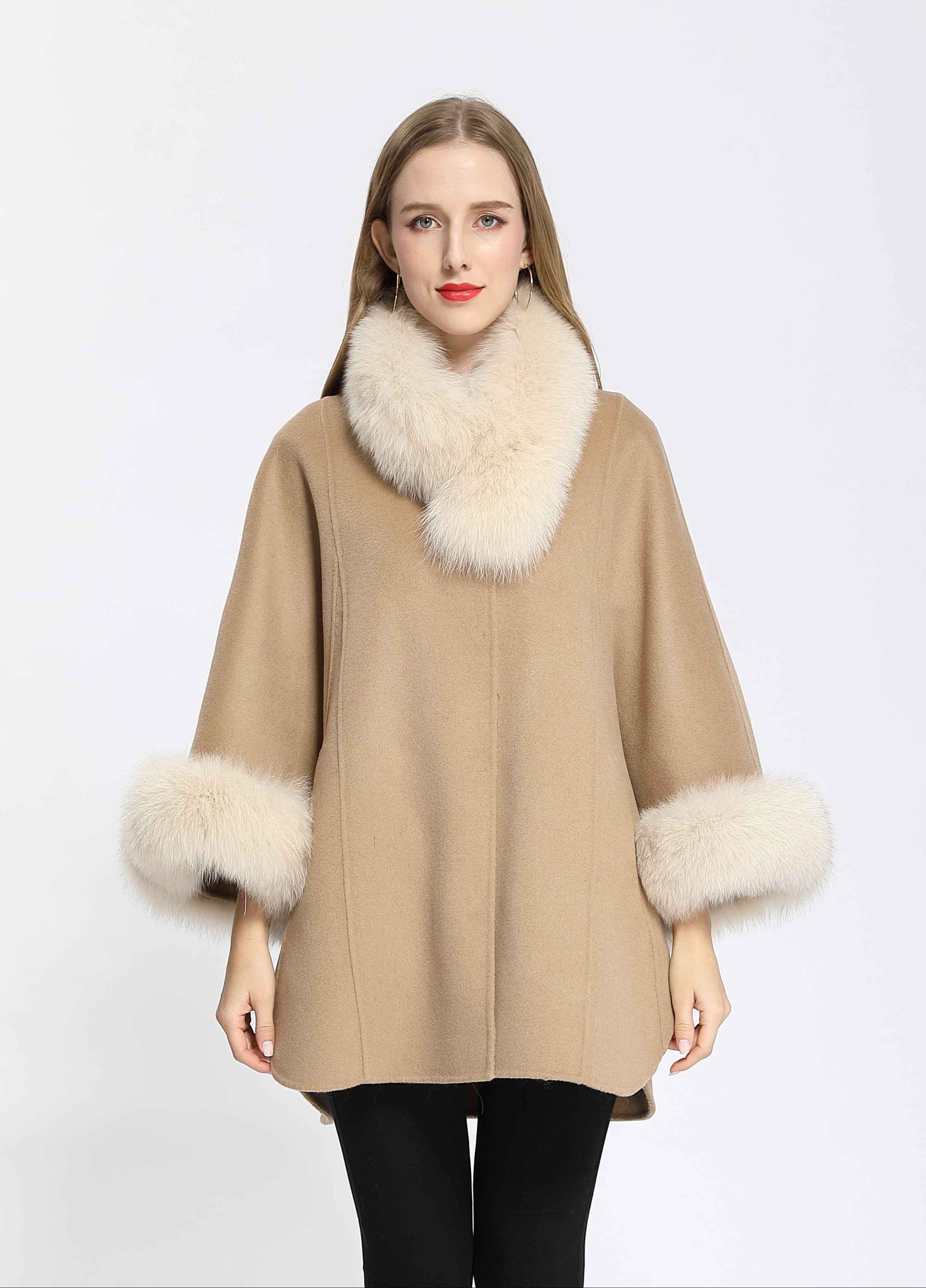 Women's Luxury Double - Faced Wool Cape with Removable Faux Fur Collar and Cuffs, Elegant Winter Outerwear