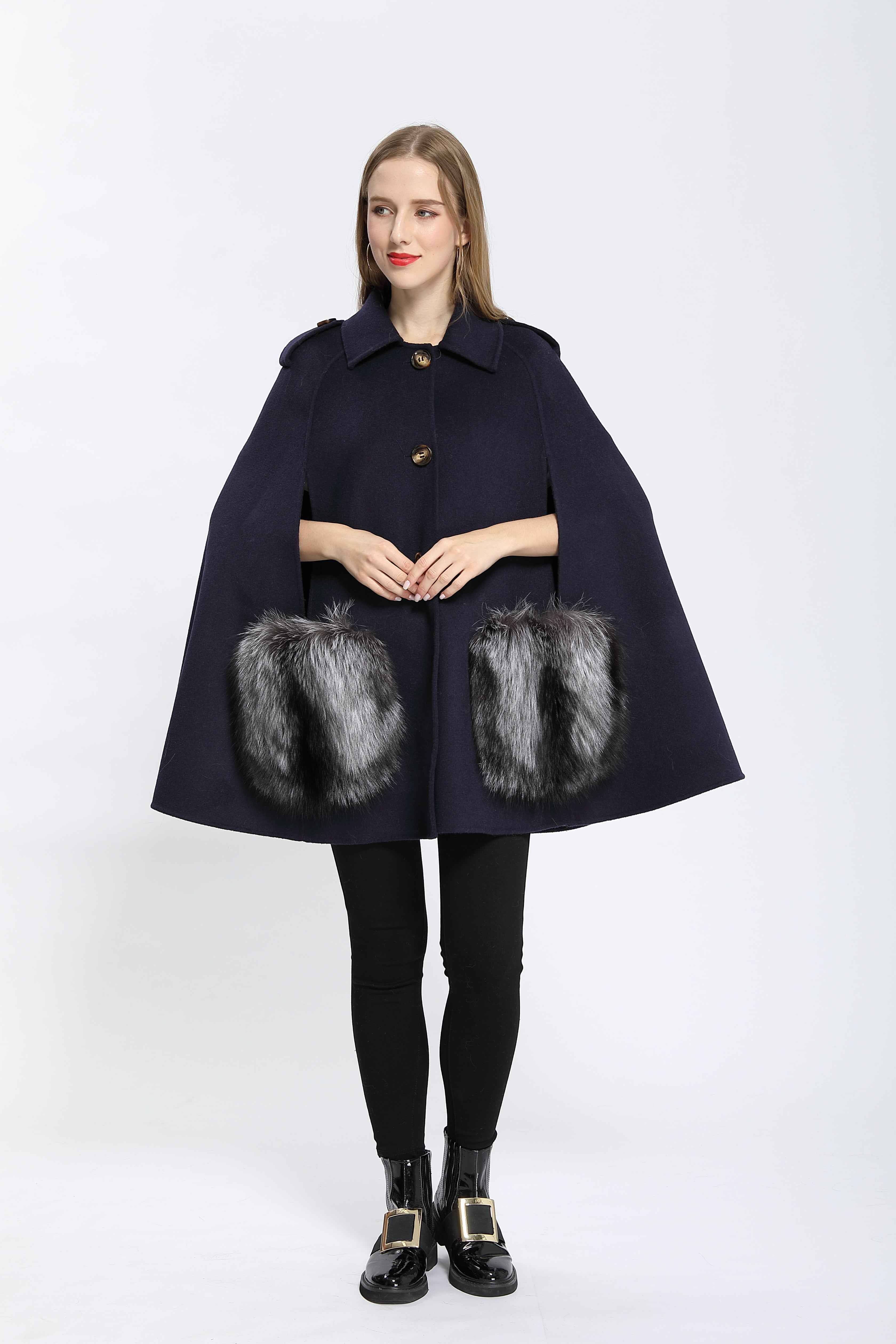 Women's Luxury Double - Faced Wool Cape with Fox Fur Pocket Trim, Elegant Winter Outerwear