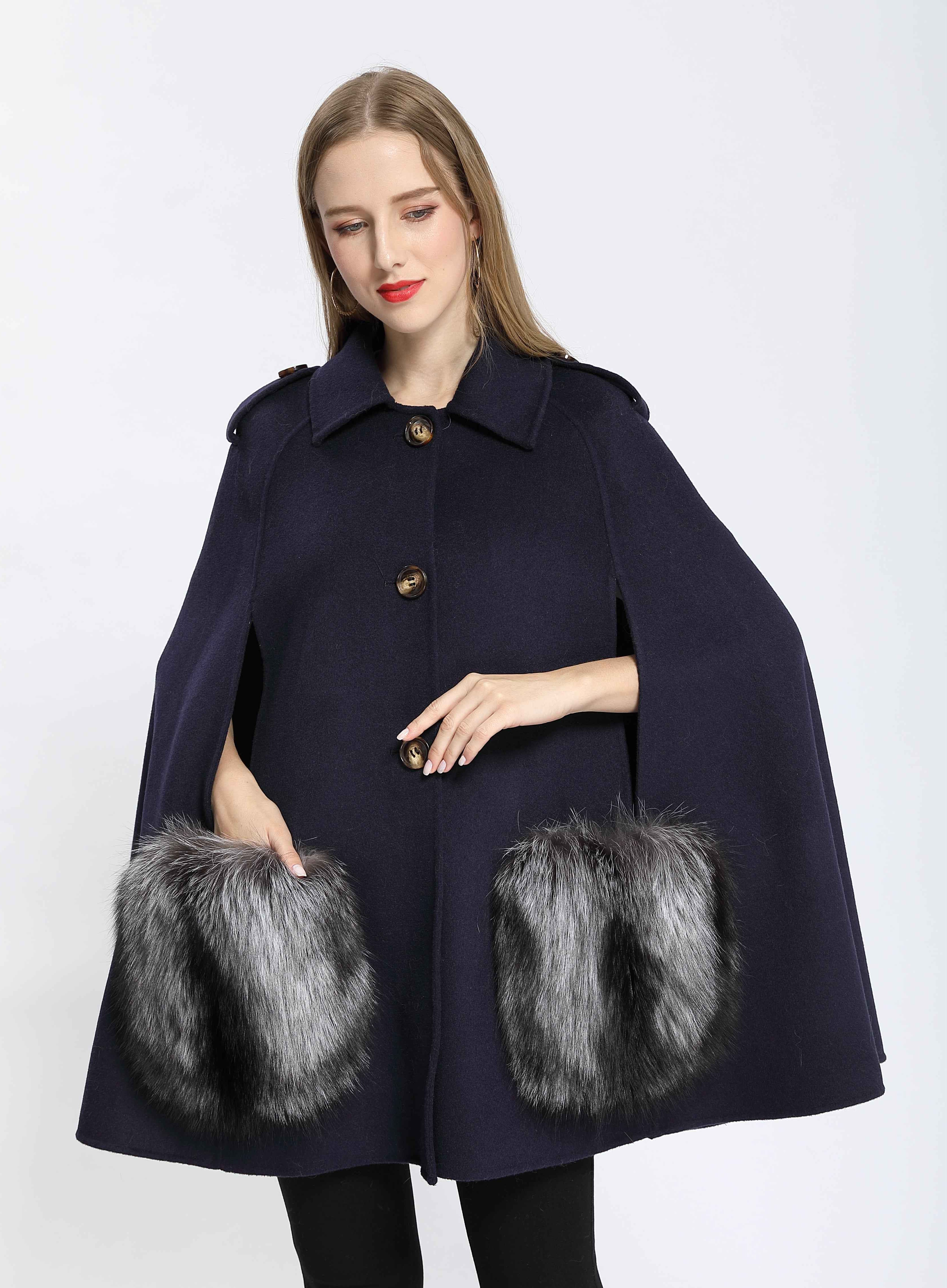 Women's Luxury Double - Faced Wool Cape with Fox Fur Pocket Trim, Elegant Winter Outerwear
