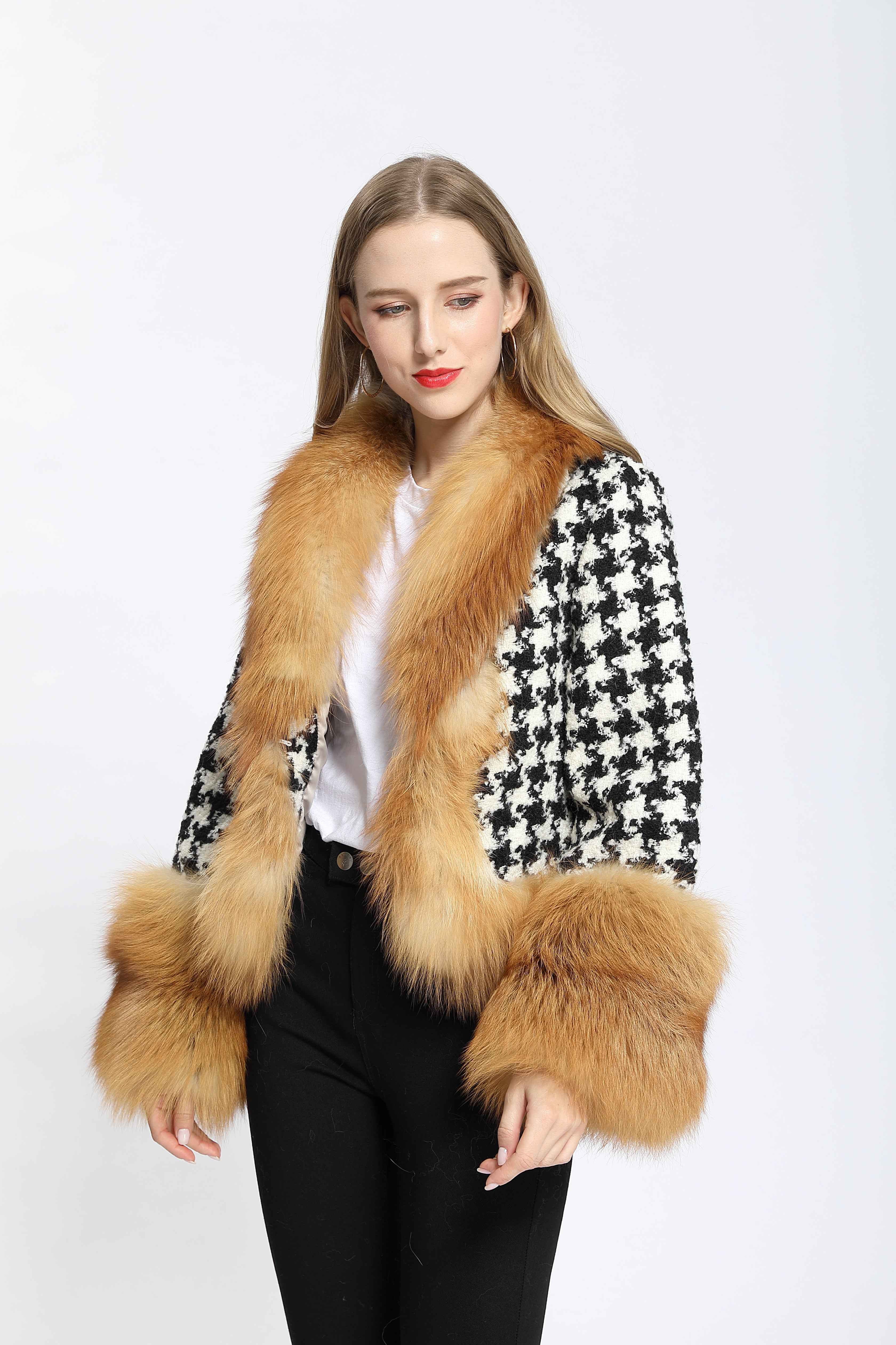 Women's Black White Houndstooth Wool Belted Coat with Fox Fur Collar and Cuffs Trim, Elegant Winter Jacket for Casual Outfits