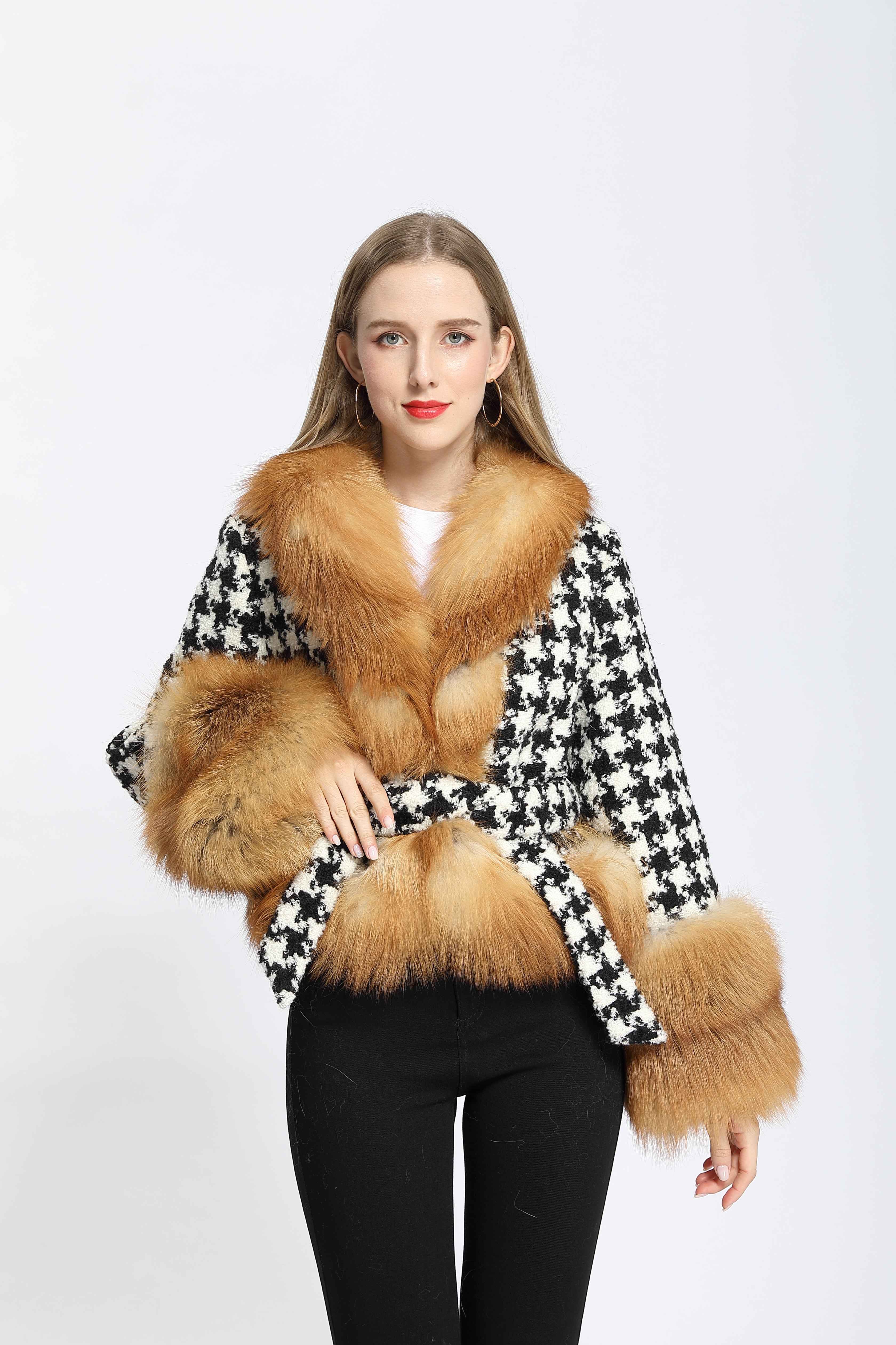 Women's Black White Houndstooth Wool Belted Coat with Fox Fur Collar and Cuffs Trim, Elegant Winter Jacket for Casual Outfits