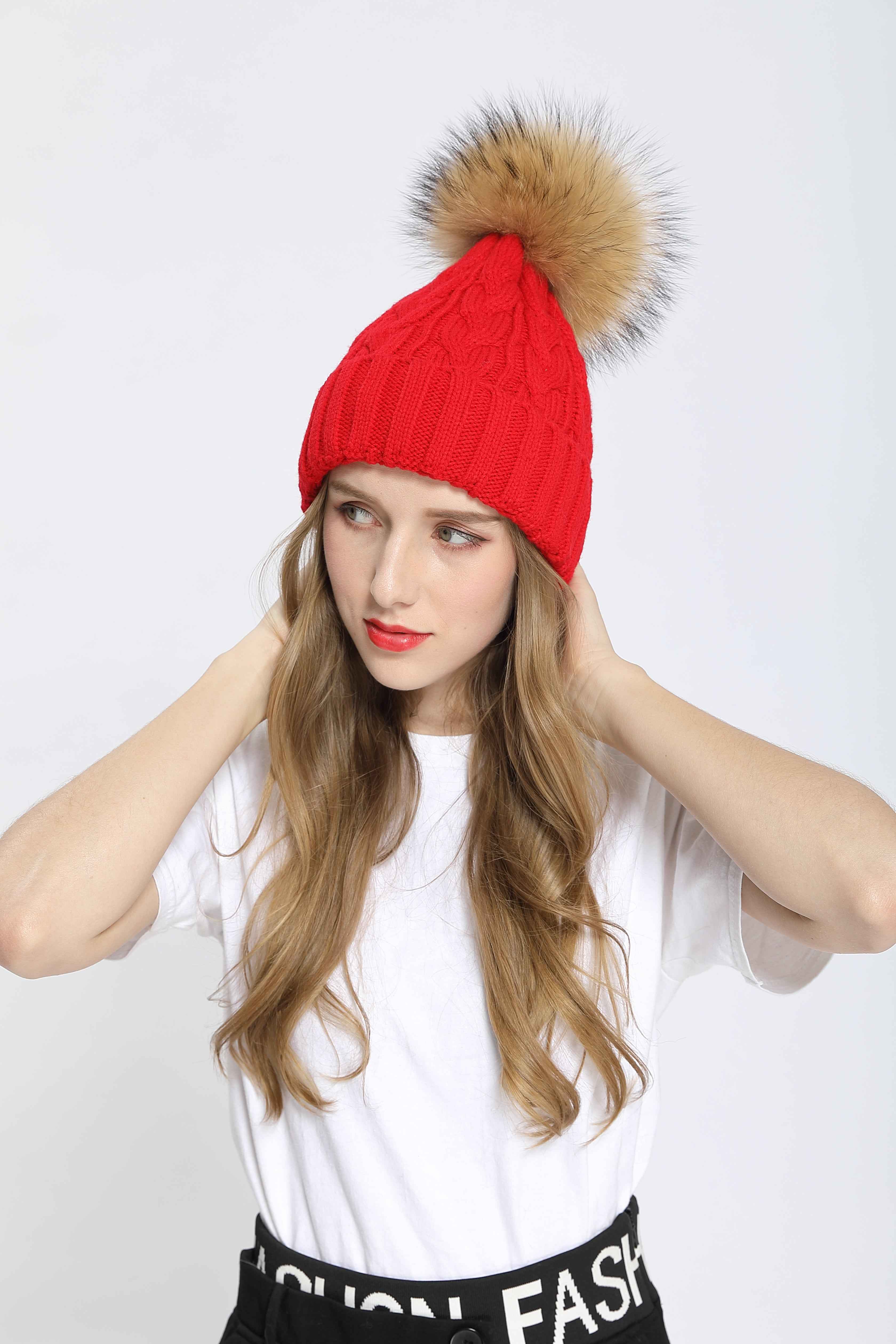 Women's Black Knit Beanie with Raccoon Fur Pom Pom – Winter Hat for Cold Weather, Warm and Stylish Snow Cap