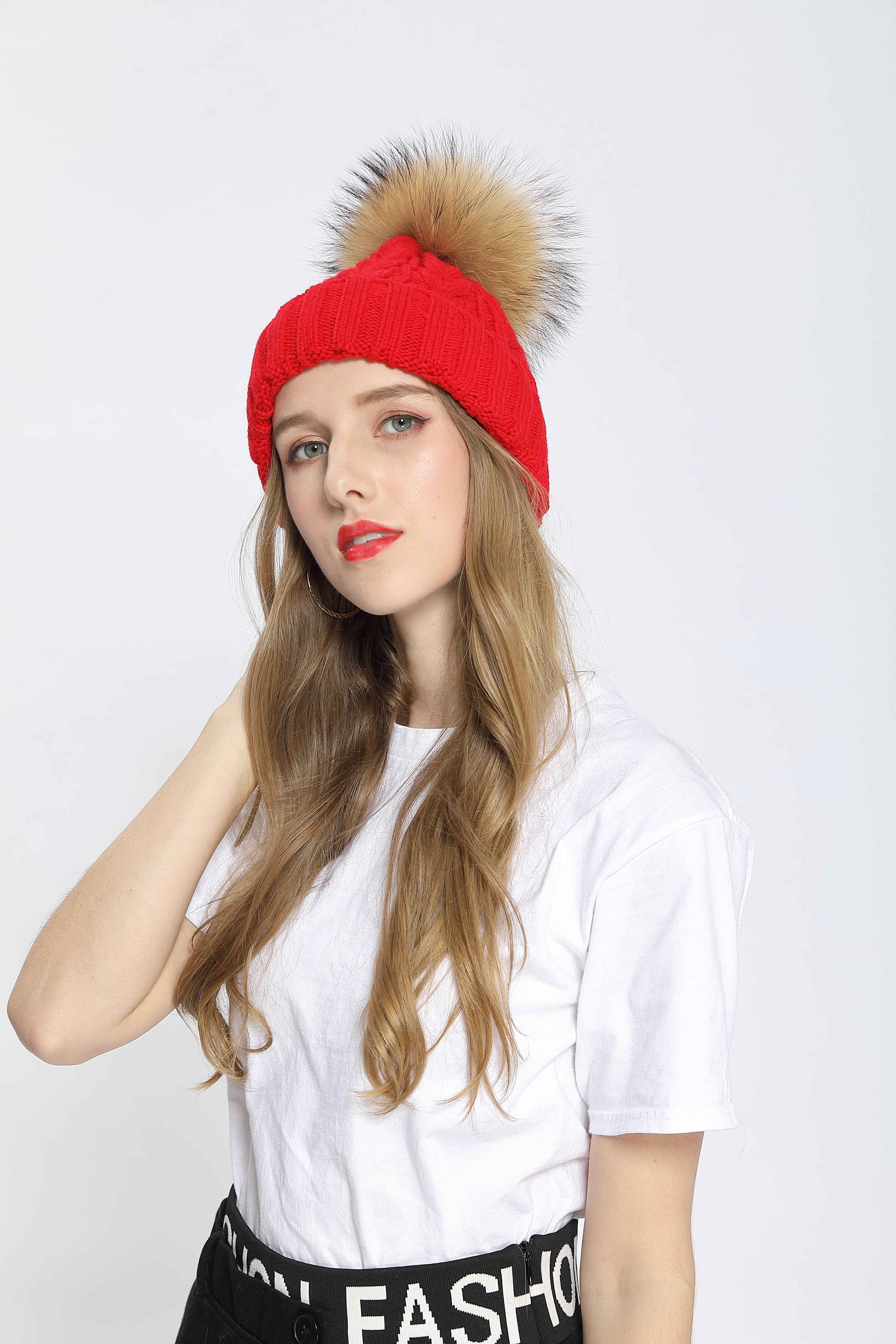 Women's Black Knit Beanie with Raccoon Fur Pom Pom – Winter Hat for Cold Weather, Warm and Stylish Snow Cap