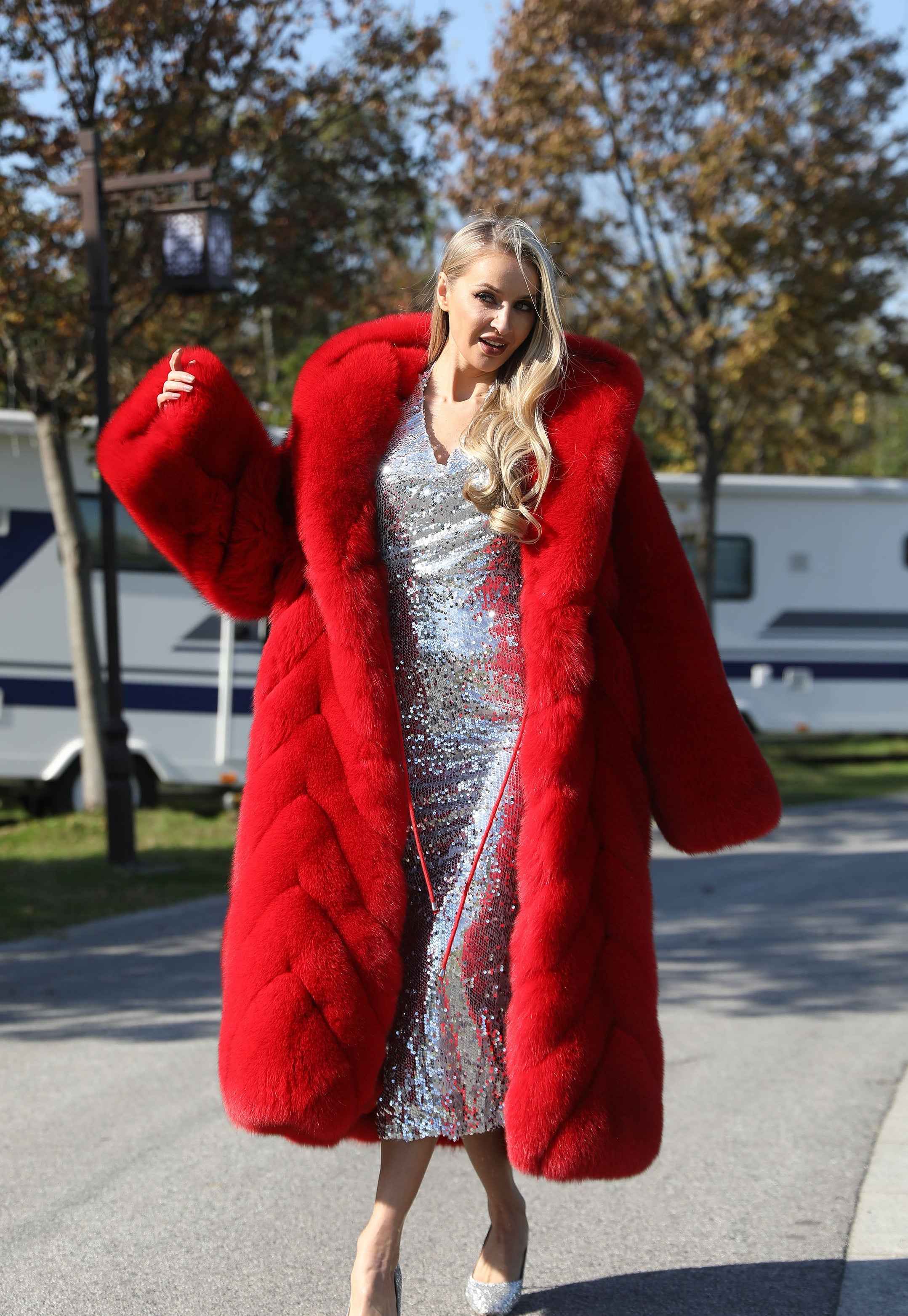 Luxury Red Fox Fur Coat with Hood – Long Chevron Stitched Women’s Winter Fur Jacket