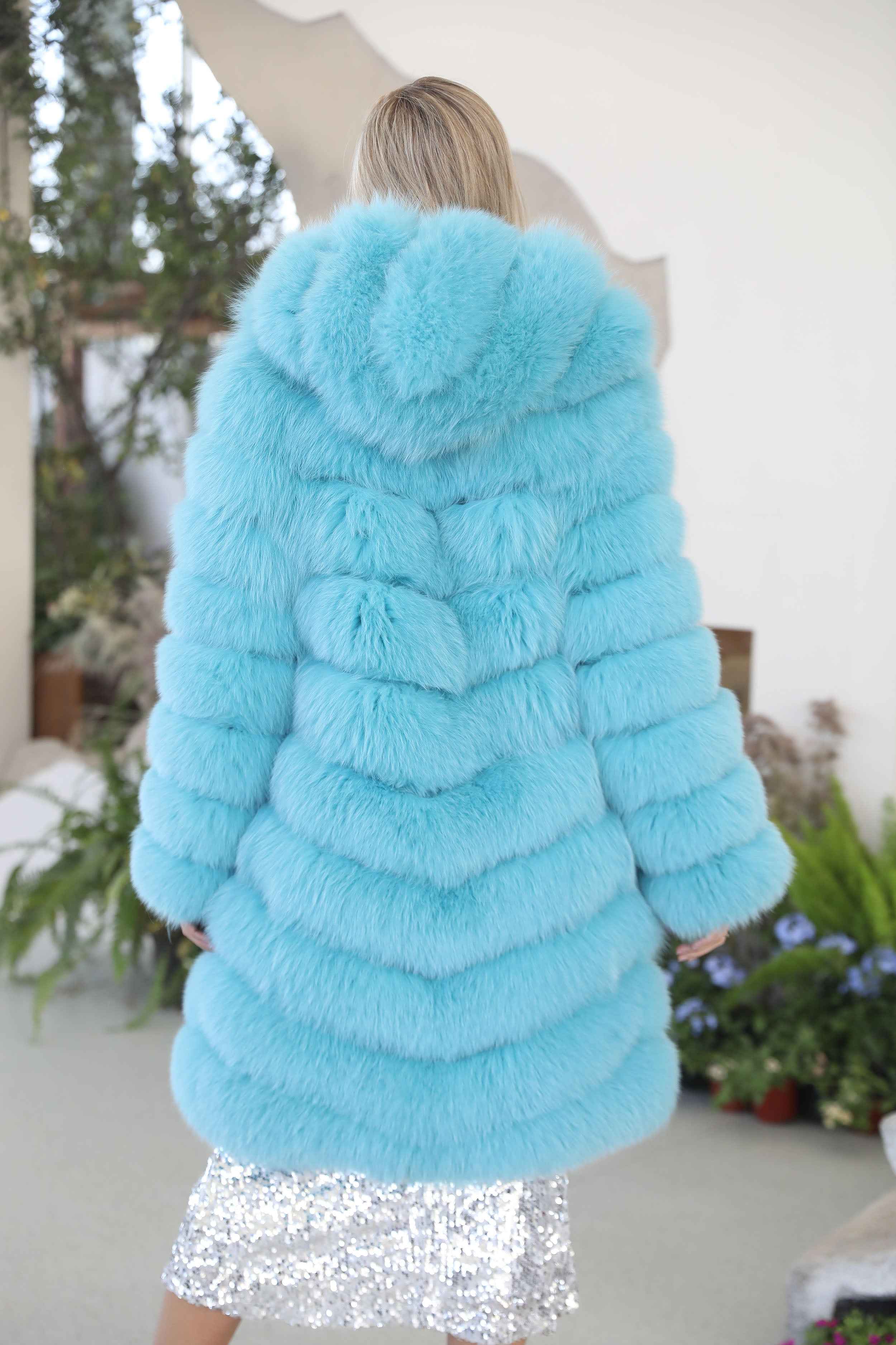 Luxury Blue Fox Fur Coat with Hood – Long Chevron Stitched 10-Panel Women’s Winter Fur Jacket