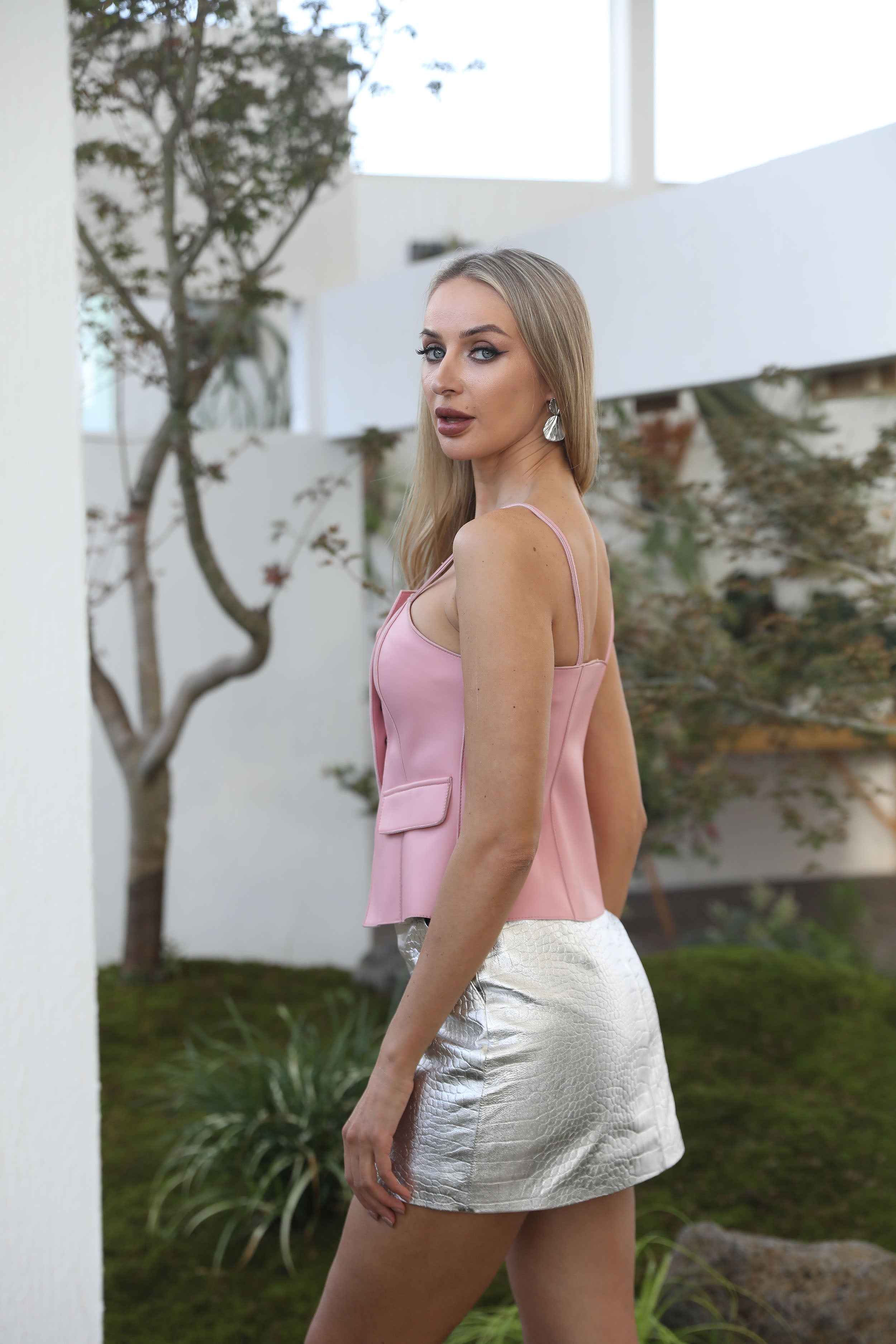 Pink Faux Leather Corset Top with Vertical Buttons and Pockets – Women’s Strappy Bodysuit for Casual & Party Wear