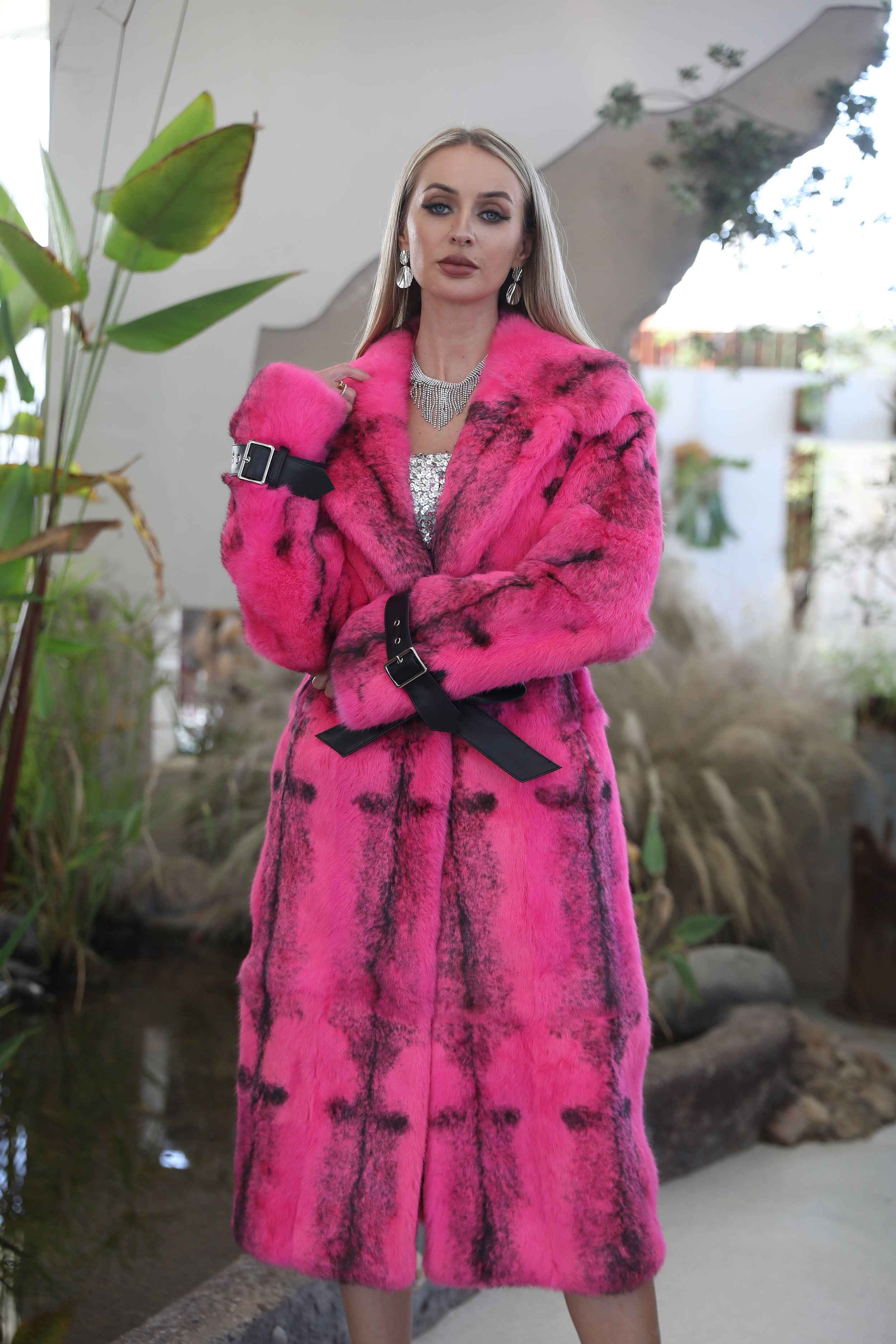 Luxury Rabbit Fur Coat with Notched Lapel and Leather Cuffs – Long Women’s Winter Fur Jacket with Belt