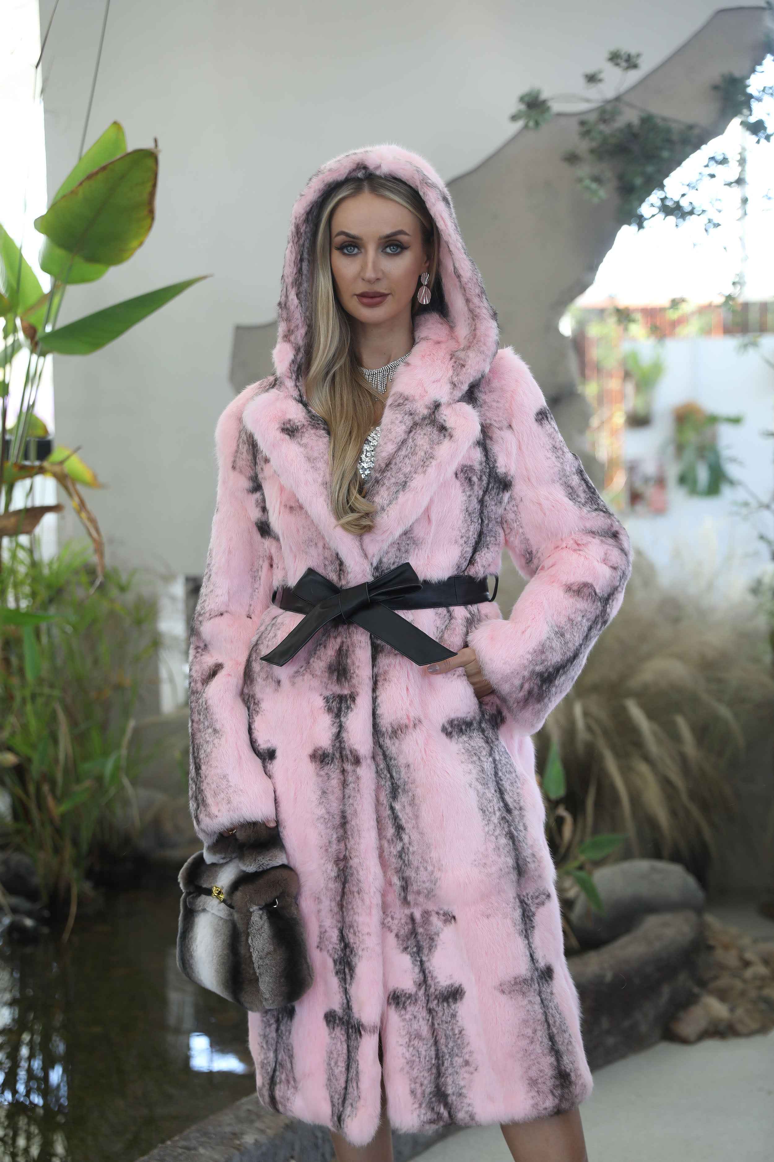 Luxury Pink Rabbit Fur Coat with Hood and Notched Lapel – Long Women’s Winter Fur Jacket with Belt