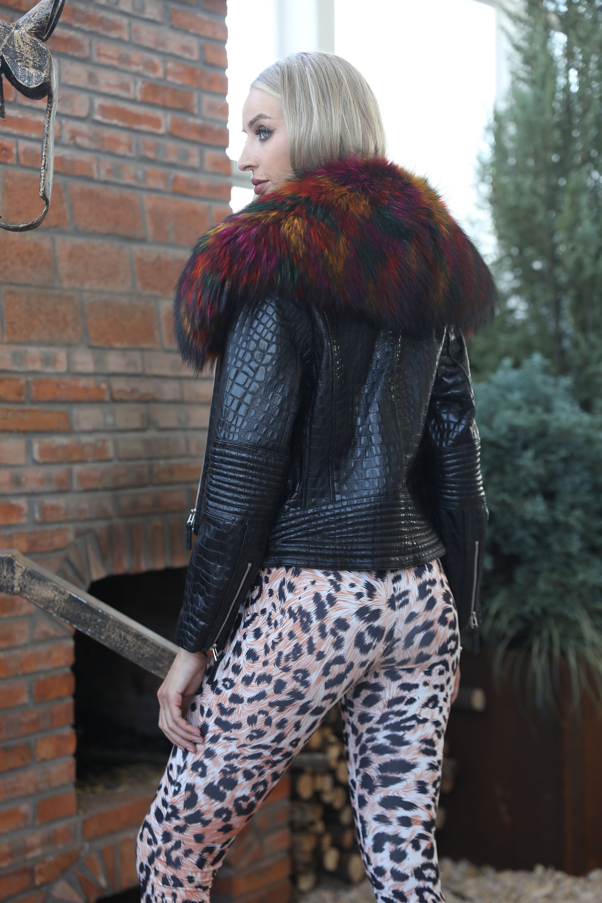 Luxury Colorful Raccoon Fur Collar Jacket with Crocodile Embossed Leather – Women’s Short Biker Style Coat for Party & Fashion