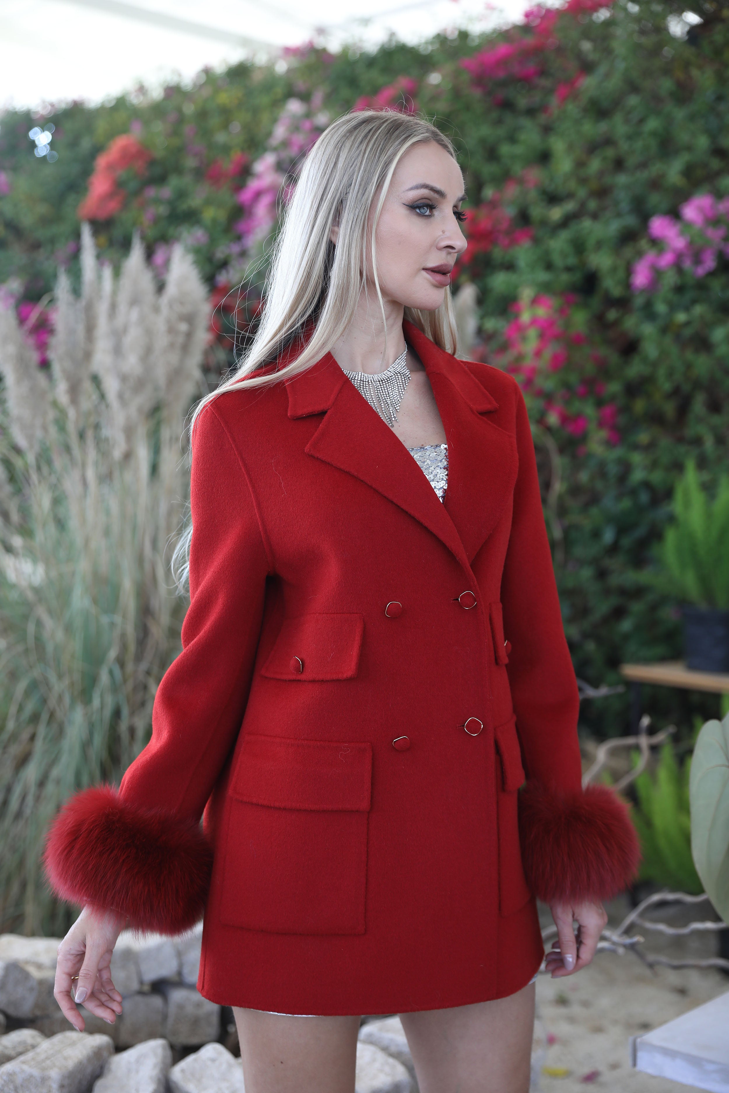 Women’s Red Double-Faced Wool Coat with Real Fox Fur Cuffs – Double-Breasted Notched Lapel Winter Jacket for Elegant Fashion