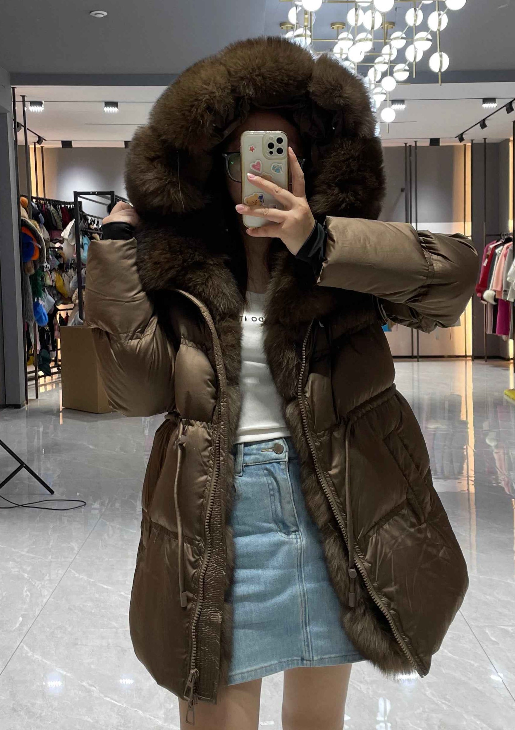 Women's Shiny Puffer Down Jacket with Large Fox Fur Trim Hood & Front