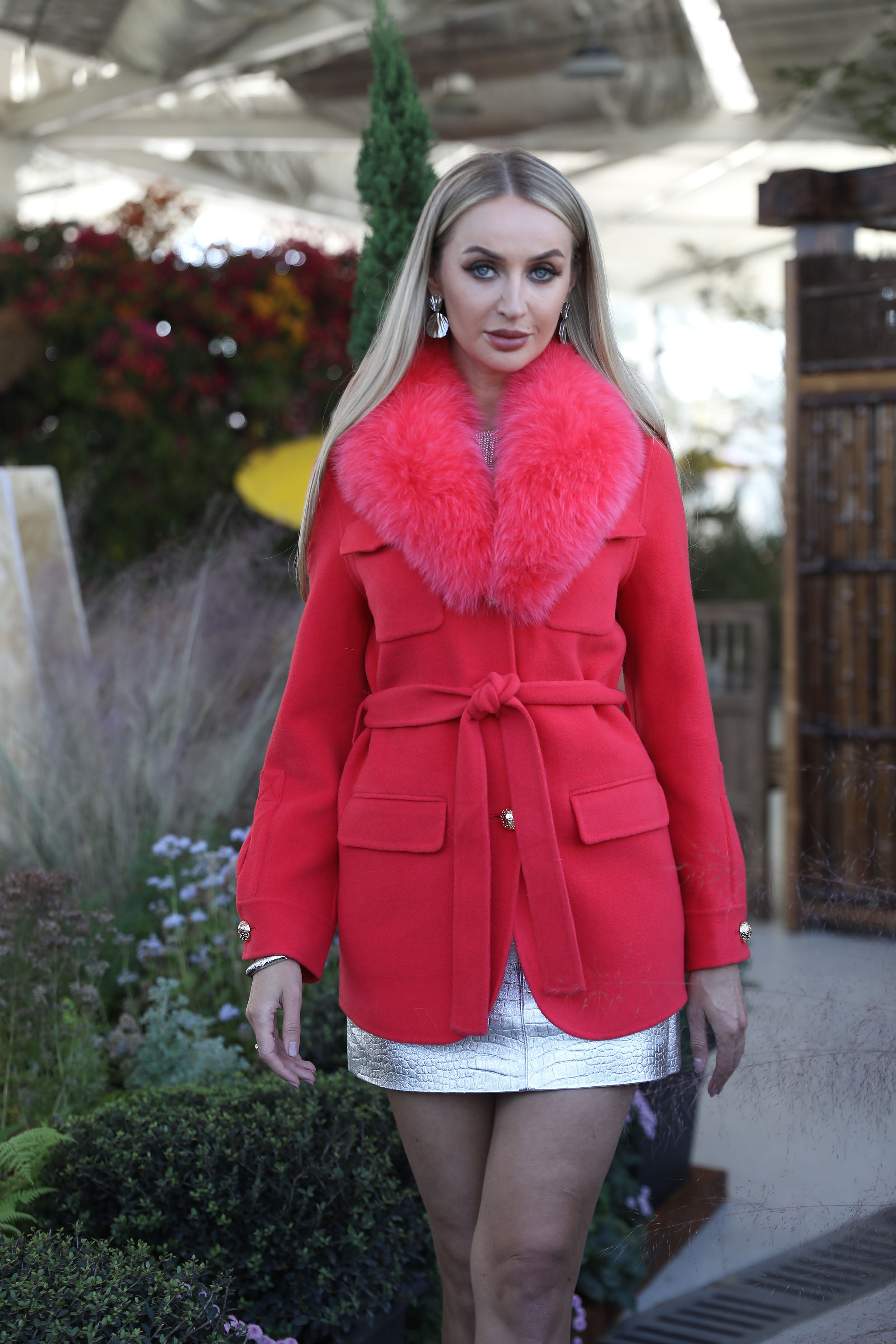 Women’s Red Wool Coat with Real Fox Fur Collar – Belted Mid-Length Winter Jacket for Elegant Fashion