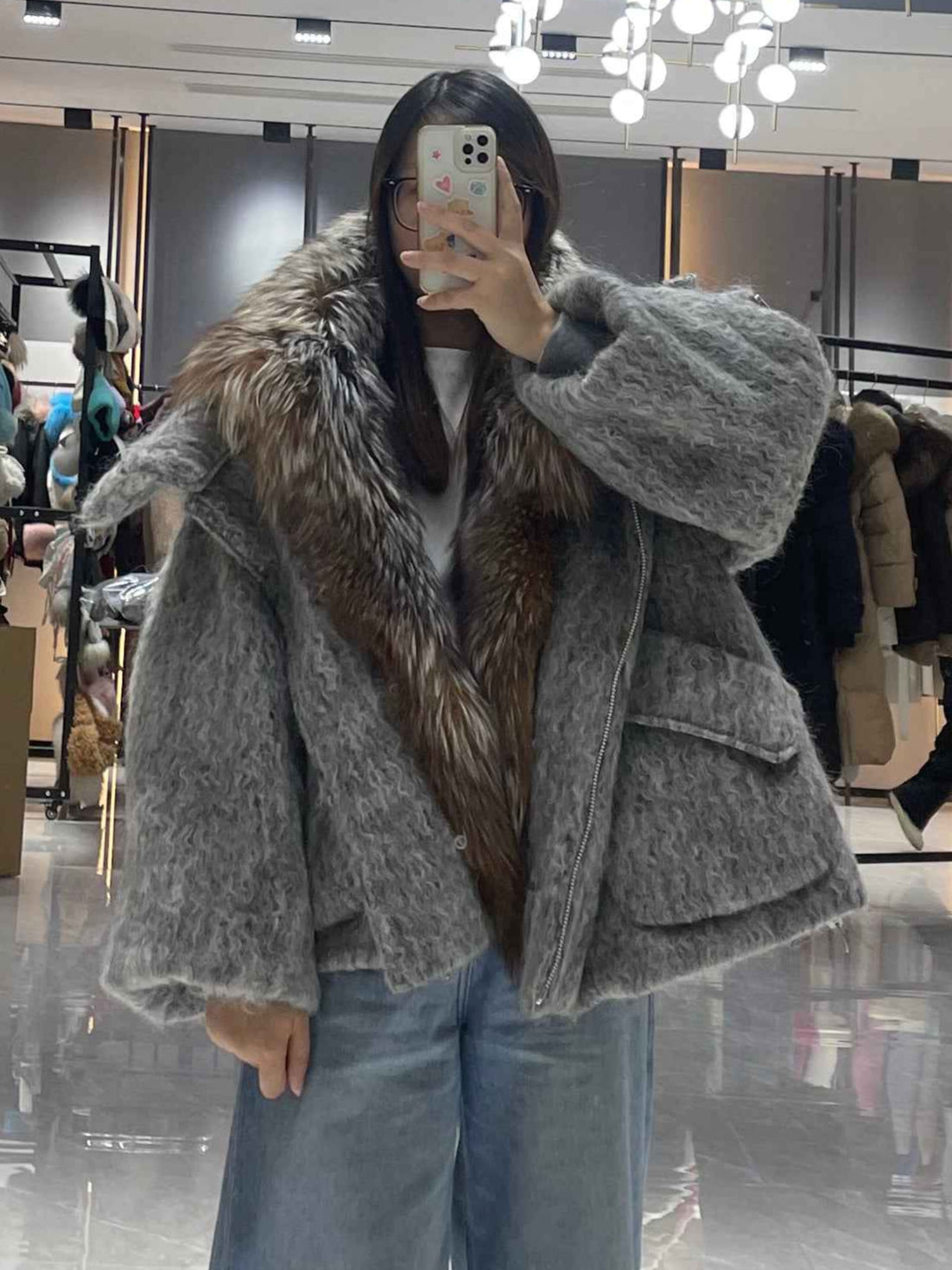 Women's Down Jacket with Asymmetrical Zipper and Golden Island Fox Fur Collar