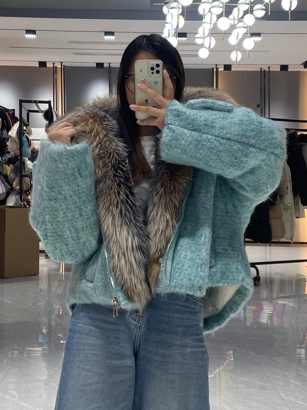 Women's Down Jacket with Golden Island Fox Fur Cuffs