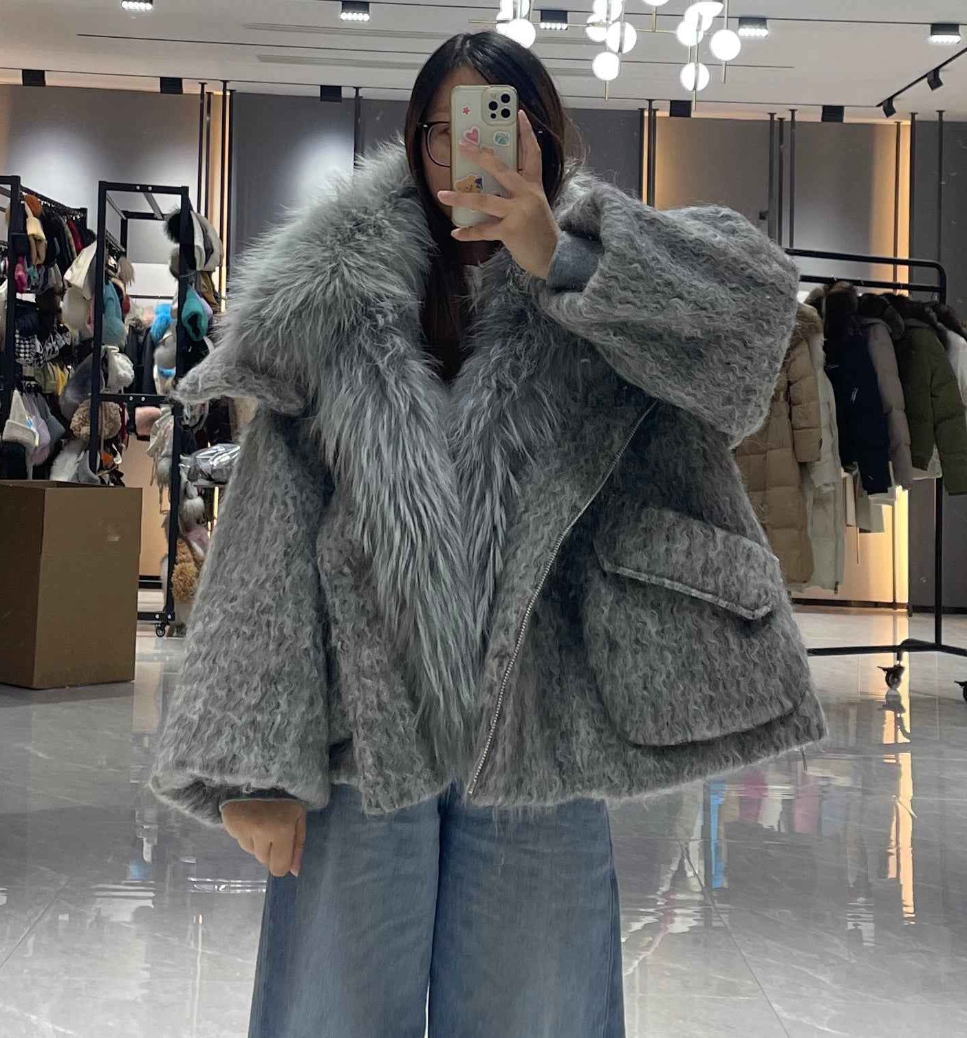Women's Down Jacket with Asymmetrical Zipper and Raccoon Fur - Trimmed Collar and Placket