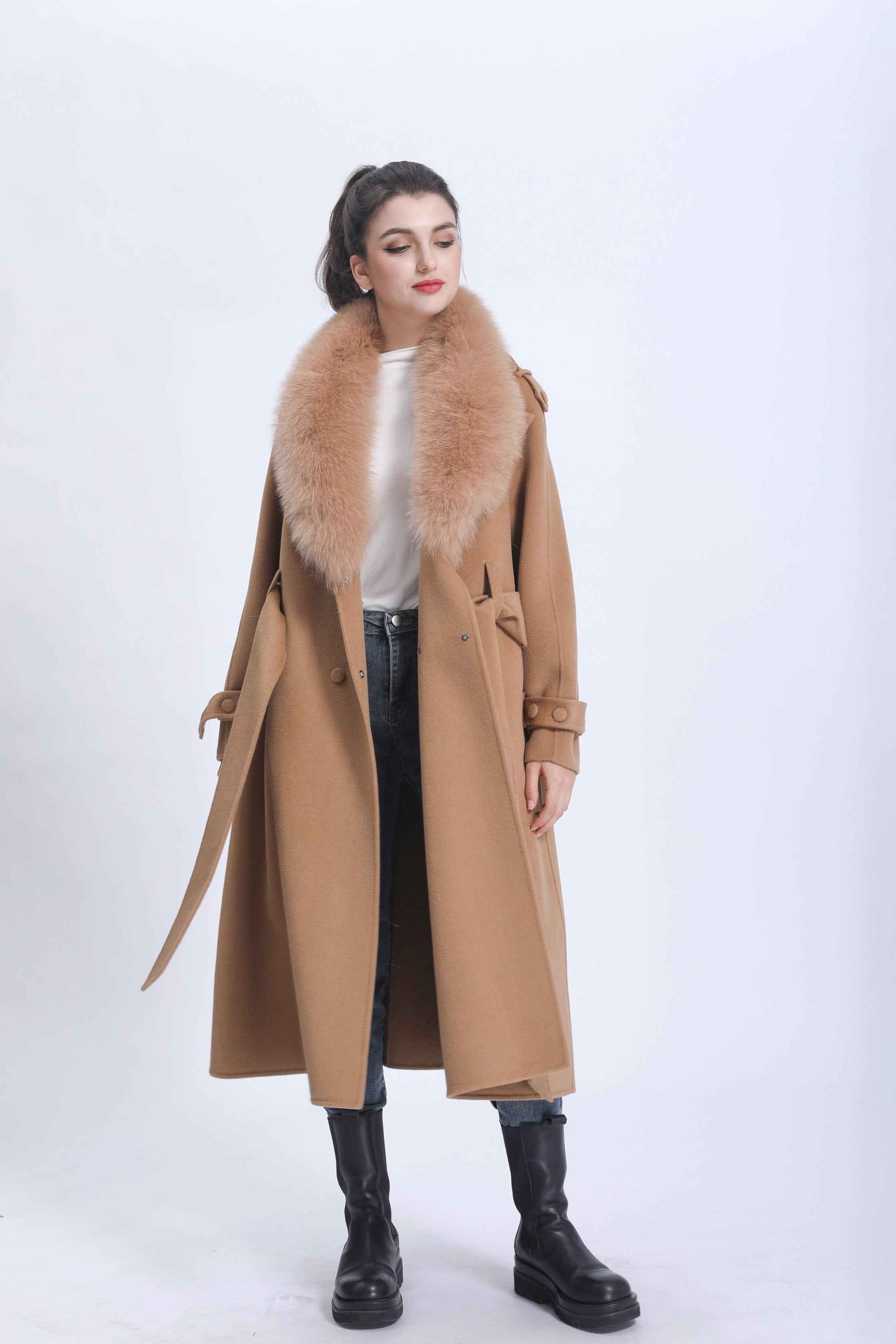 Luxury Double-Faced Wool Coat with Oversized Fox Fur Collar and Belted Cuff Design