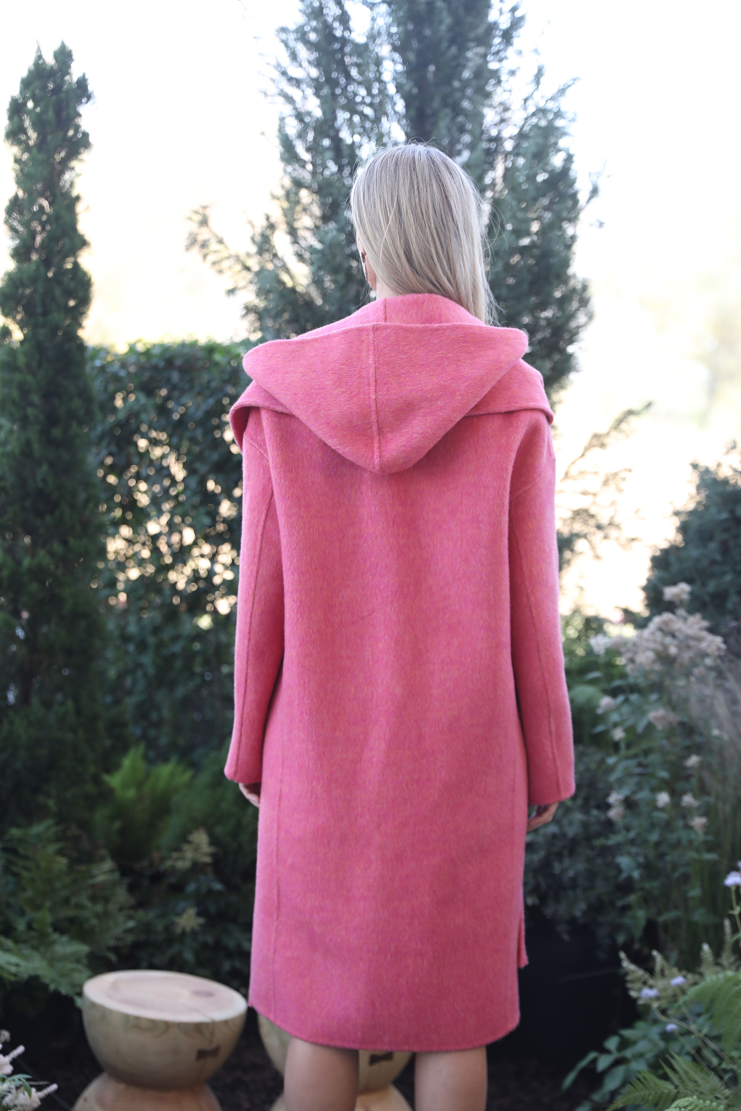 Women’s Pink Double-Faced Wool Coat with Hood and Scarf Collar – Long Winter Jacket with Fringe Detail for Fashion Statement