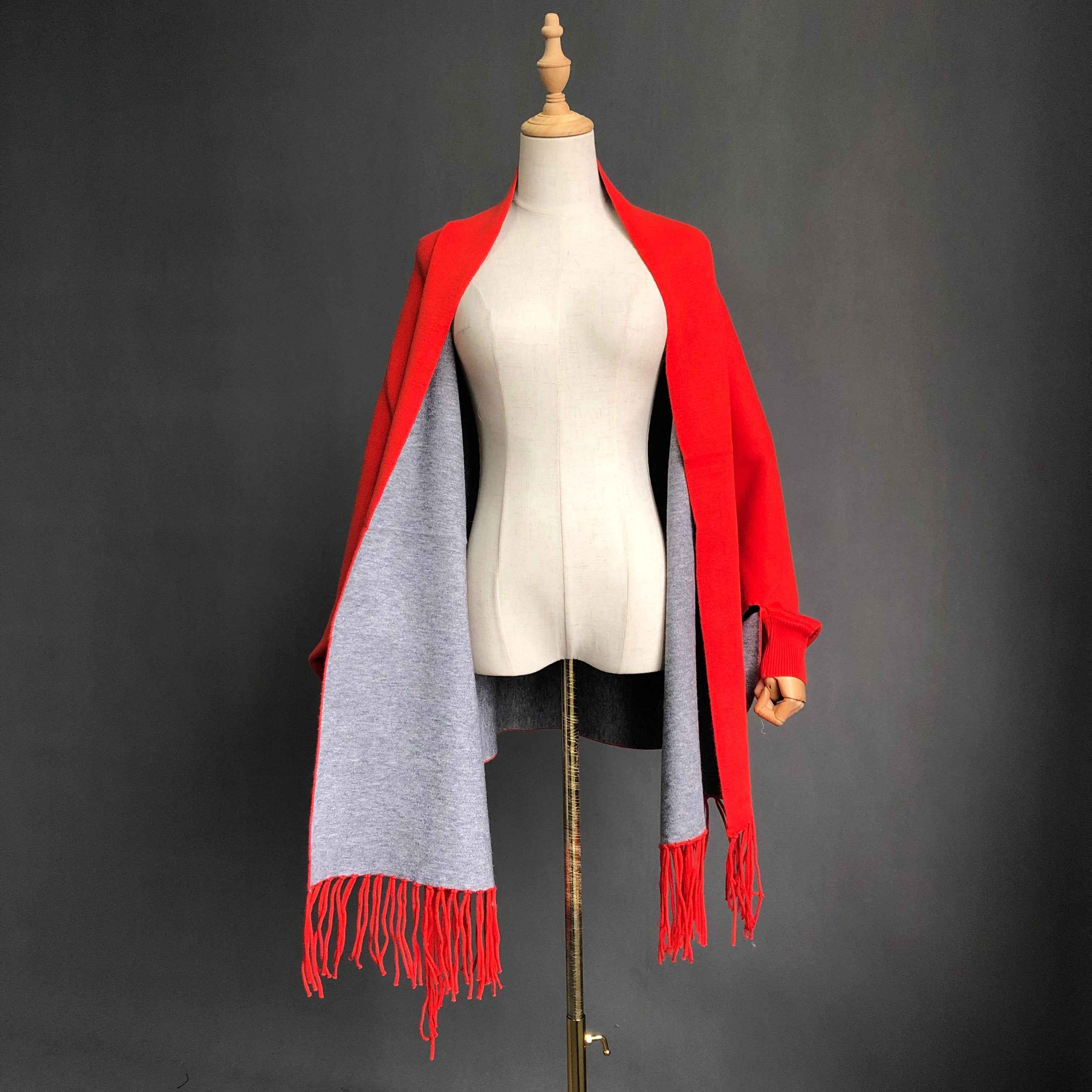 Women's Solid Color Wool Shawl with Fringe Detail - Luxurious Winter Wrap Accessory 1#Orange Grey
