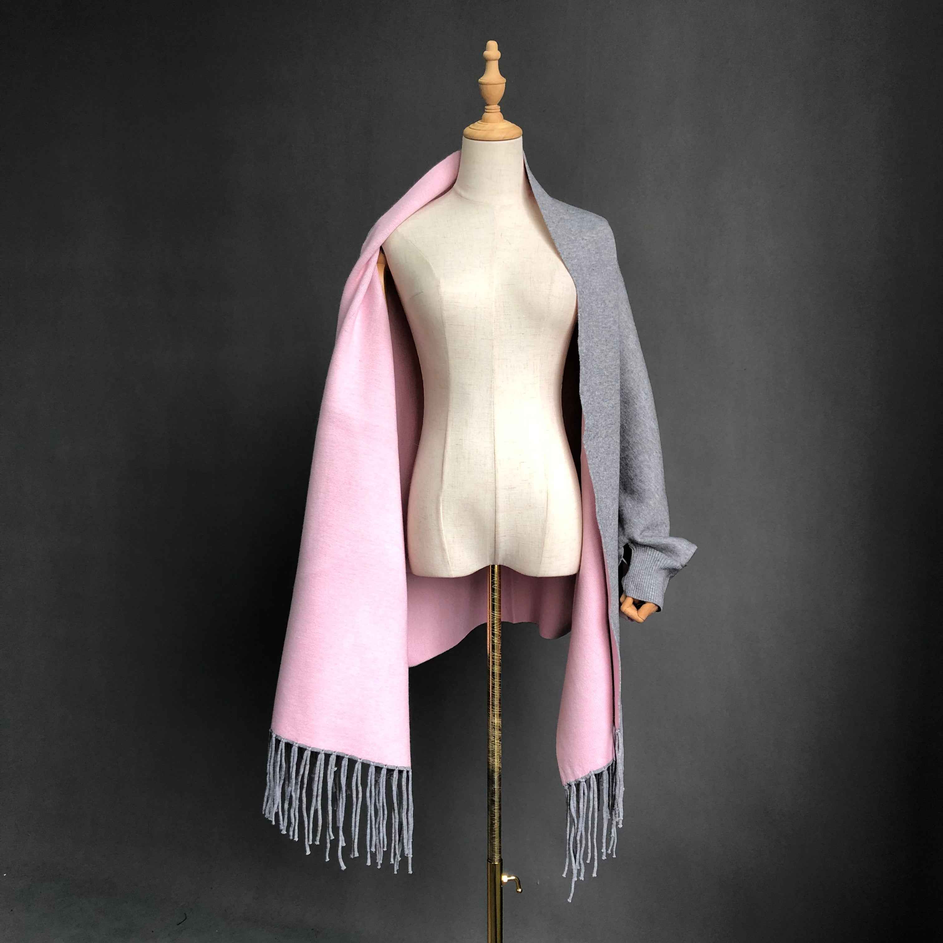 Women's Solid Color Wool Shawl with Fringe Detail - Luxurious Winter Wrap Accessory 2#Grey Pink