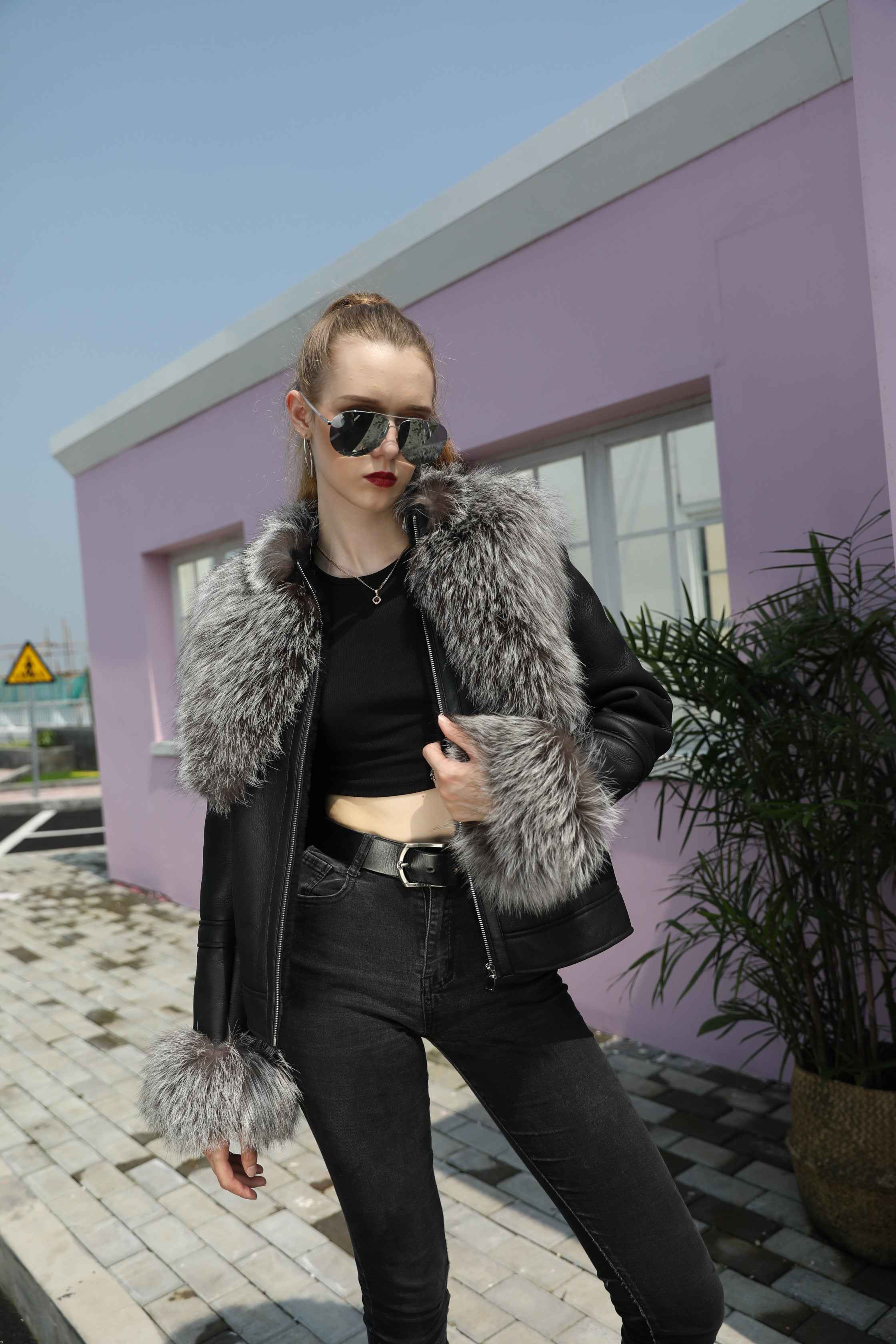 Women's Silver Fox Fur-Trimmed Shearling Jacket - Shoulder & Cuff Accents, Latest 2025 Style Luxury Outerwear Black