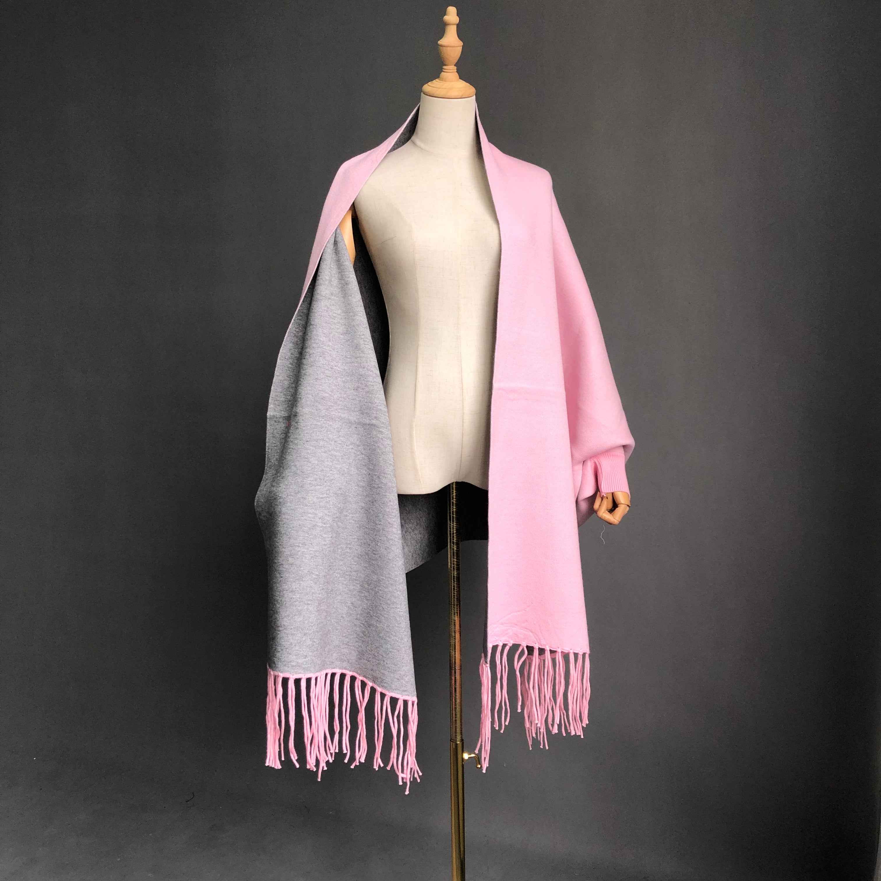 Women's Solid Color Wool Shawl with Fringe Detail - Luxurious Winter Wrap Accessory 3#Pink Grey