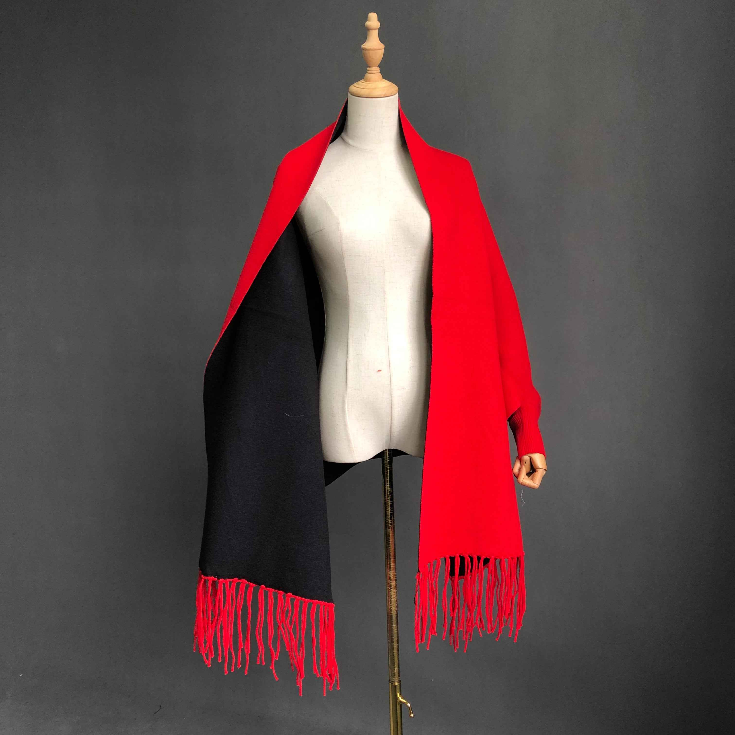 Women's Solid Color Wool Shawl with Fringe Detail - Luxurious Winter Wrap Accessory 4#Red Black