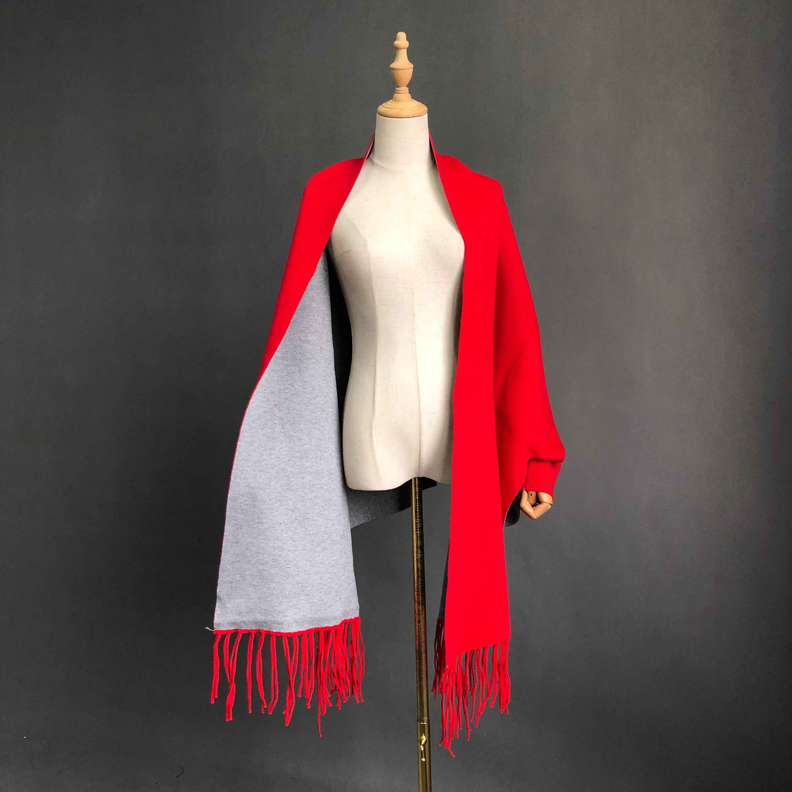 Women's Solid Color Wool Shawl with Fringe Detail - Luxurious Winter Wrap Accessory 5#Red Grey