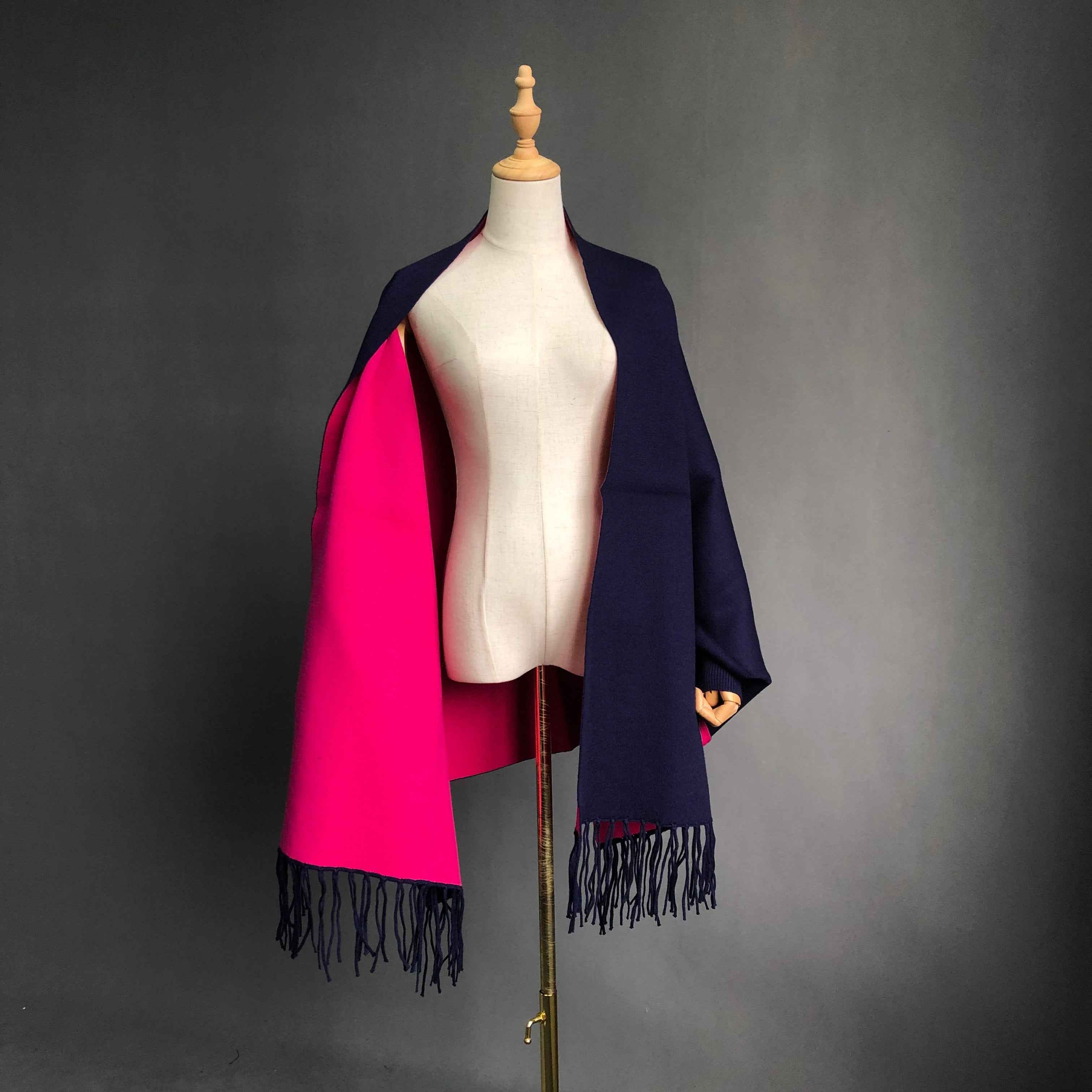 Women's Solid Color Wool Shawl with Fringe Detail - Luxurious Winter Wrap Accessory 6#Navy Hot Pink