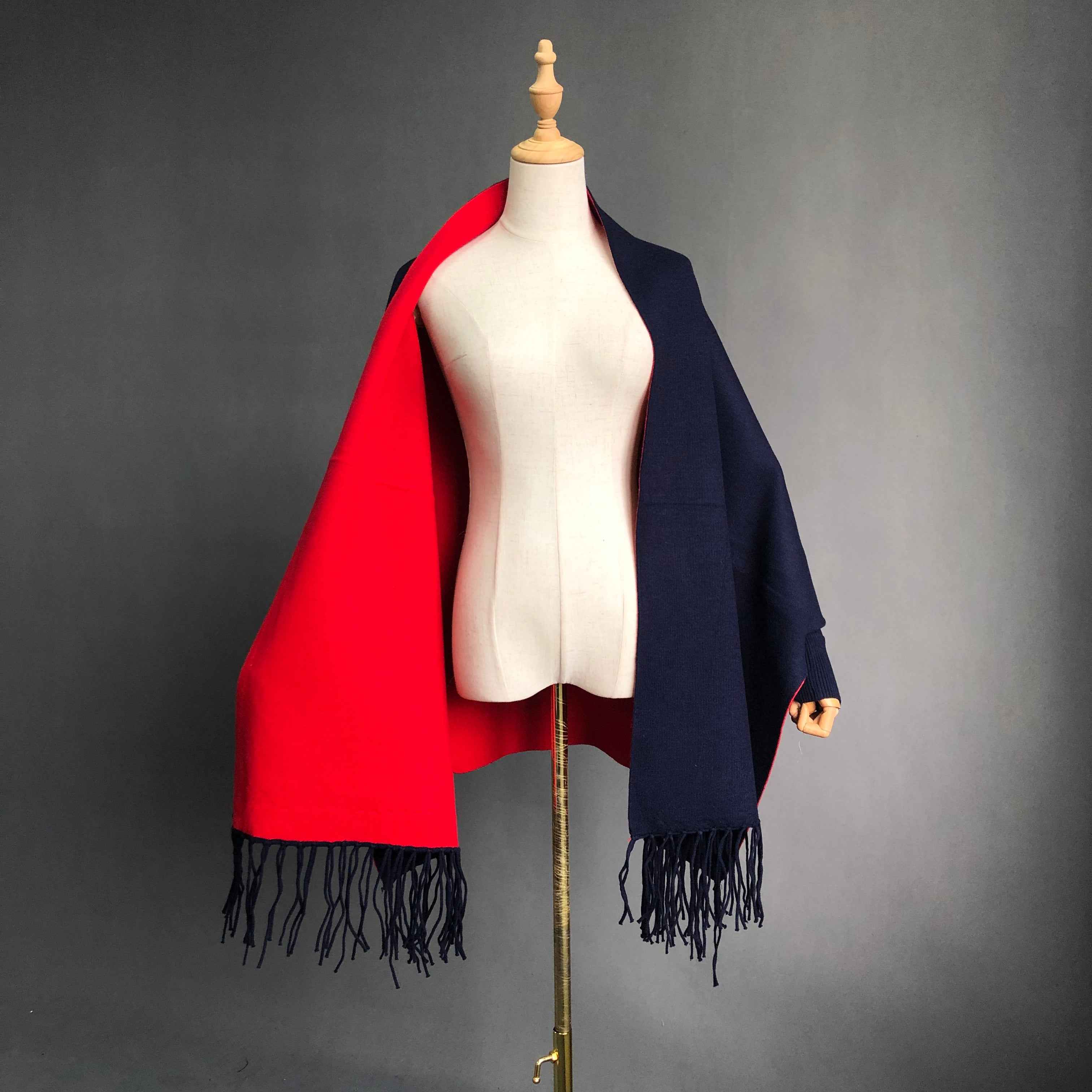 Women's Solid Color Wool Shawl with Fringe Detail - Luxurious Winter Wrap Accessory 7#Navy Red