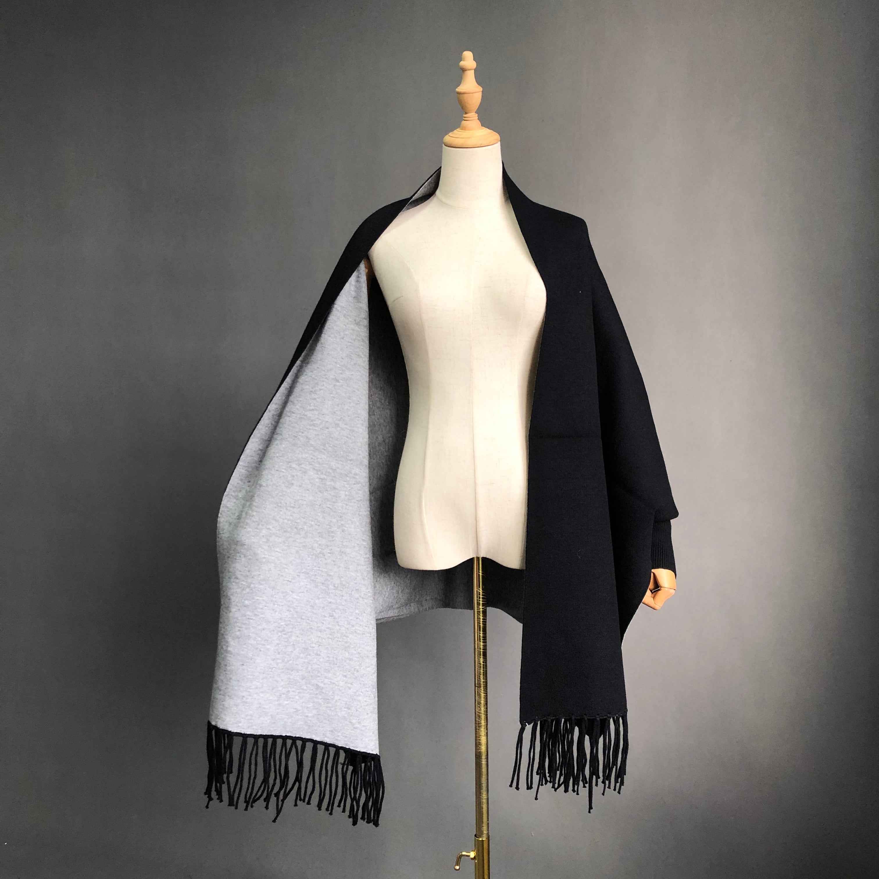 Women's Solid Color Wool Shawl with Fringe Detail - Luxurious Winter Wrap Accessory 8#Black Grey