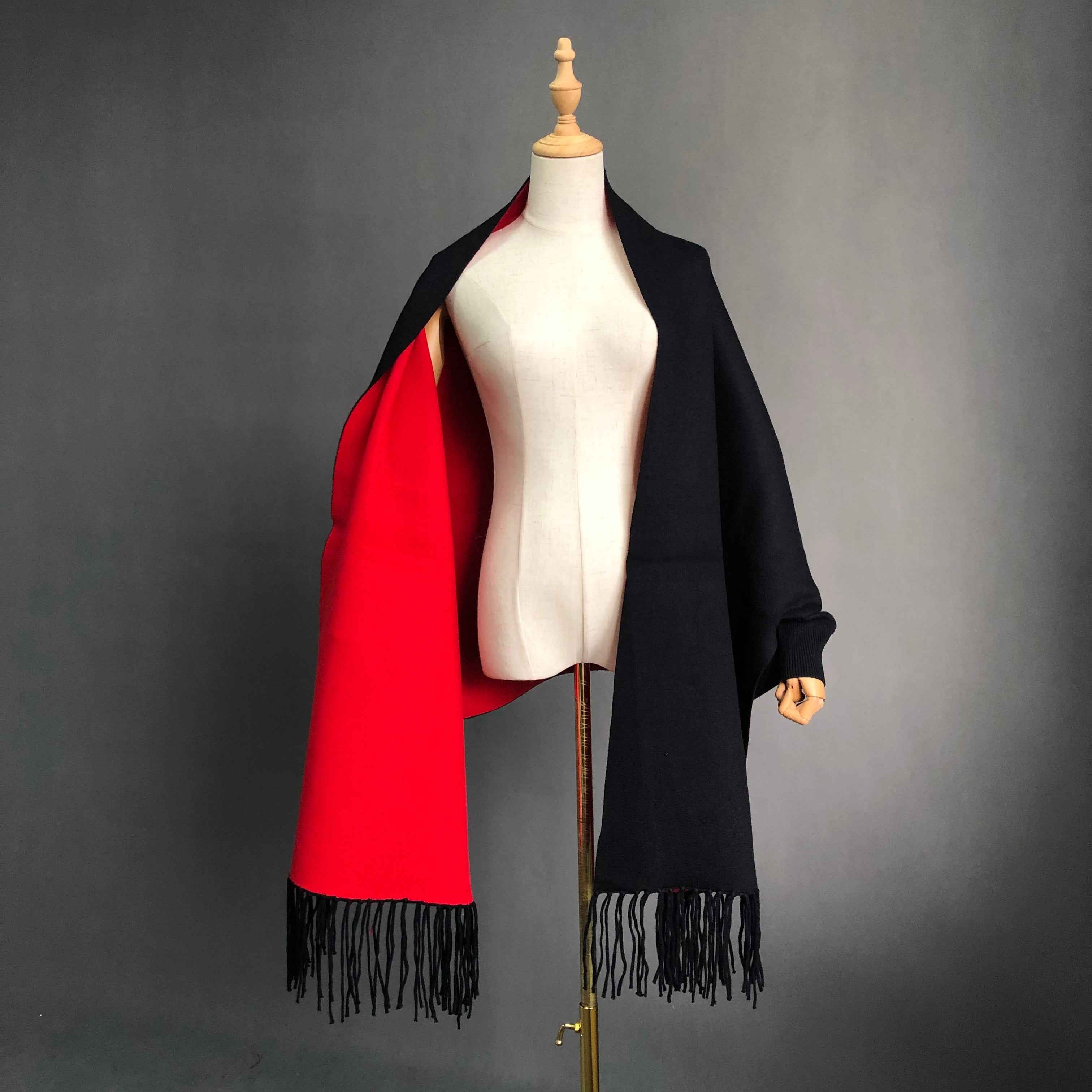 Women's Solid Color Wool Shawl with Fringe Detail - Luxurious Winter Wrap Accessory 9#Black Red