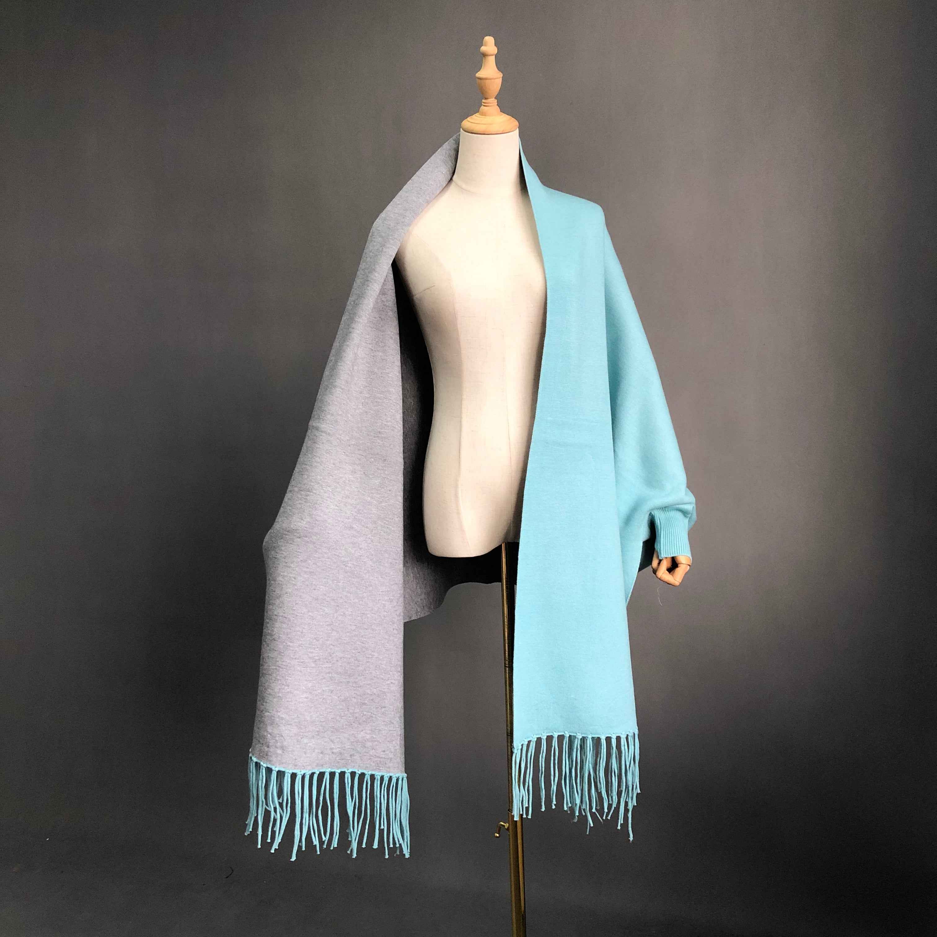 Women's Solid Color Wool Shawl with Fringe Detail - Luxurious Winter Wrap Accessory 10# BB Blue Grey