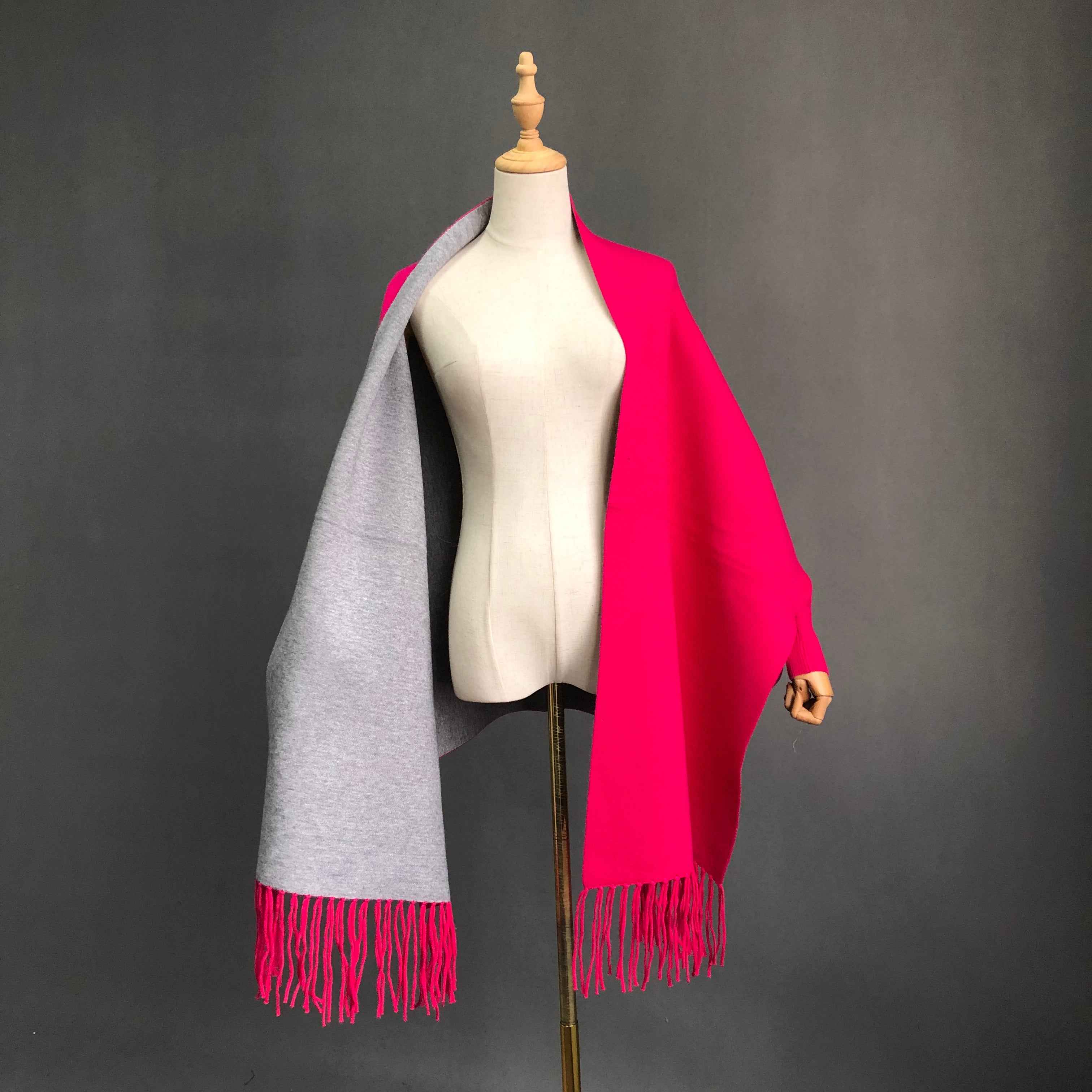 Women's Solid Color Wool Shawl with Fringe Detail - Luxurious Winter Wrap Accessory 14# Hot Pink Grey