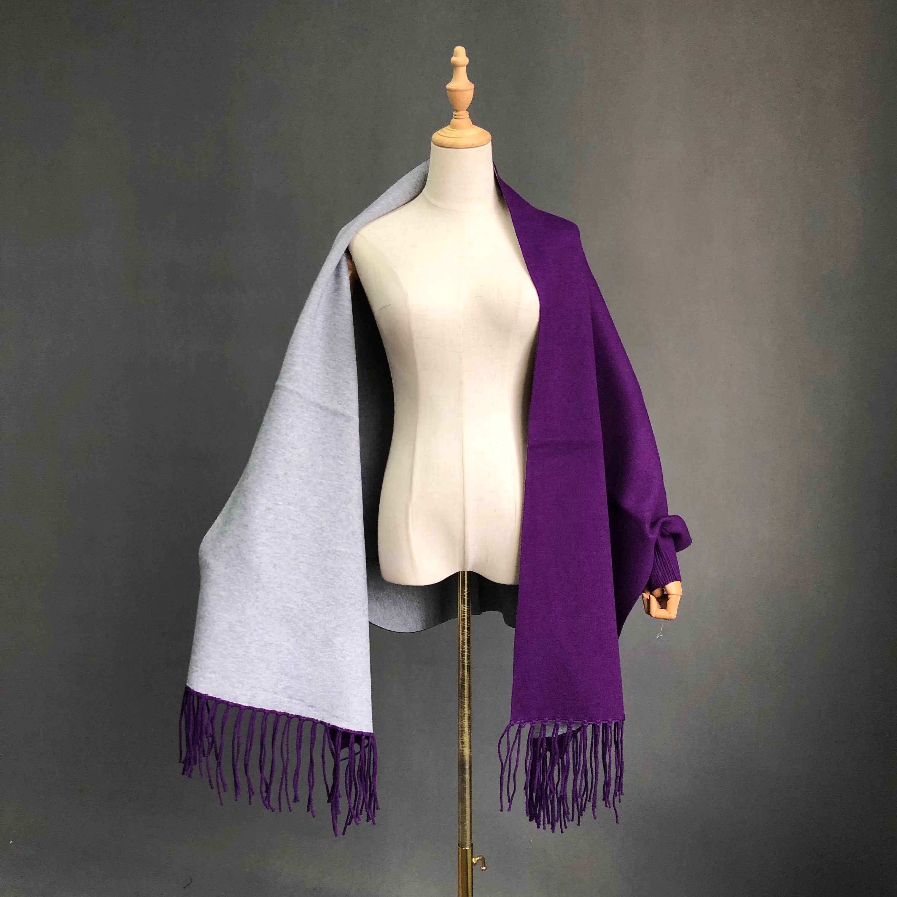 Women's Solid Color Wool Shawl with Fringe Detail - Luxurious Winter Wrap Accessory 15# Purple Grey