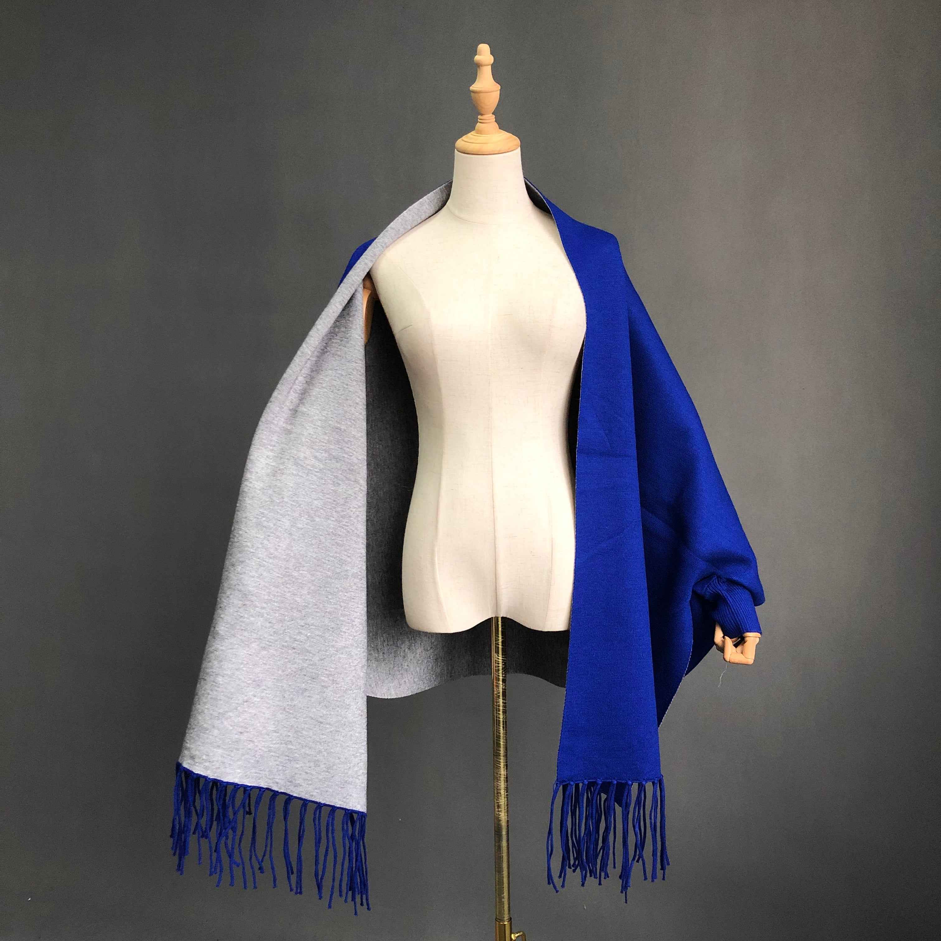 Women's Solid Color Wool Shawl with Fringe Detail - Luxurious Winter Wrap Accessory 16# Blue Grey