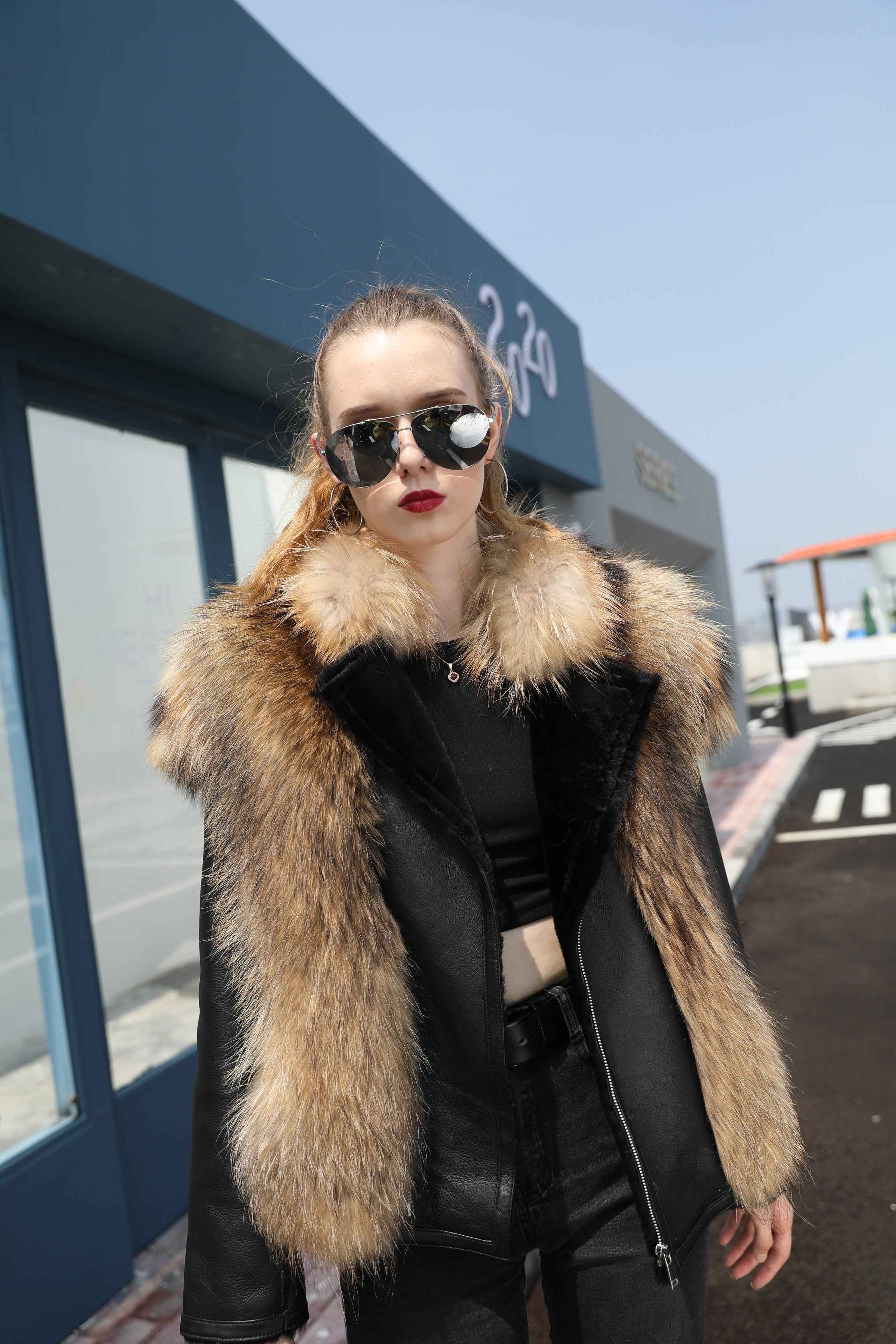 Women's Shearling Leather Coat with Raccoon Fur Trim - Windproof Luxury Winter Outerwear