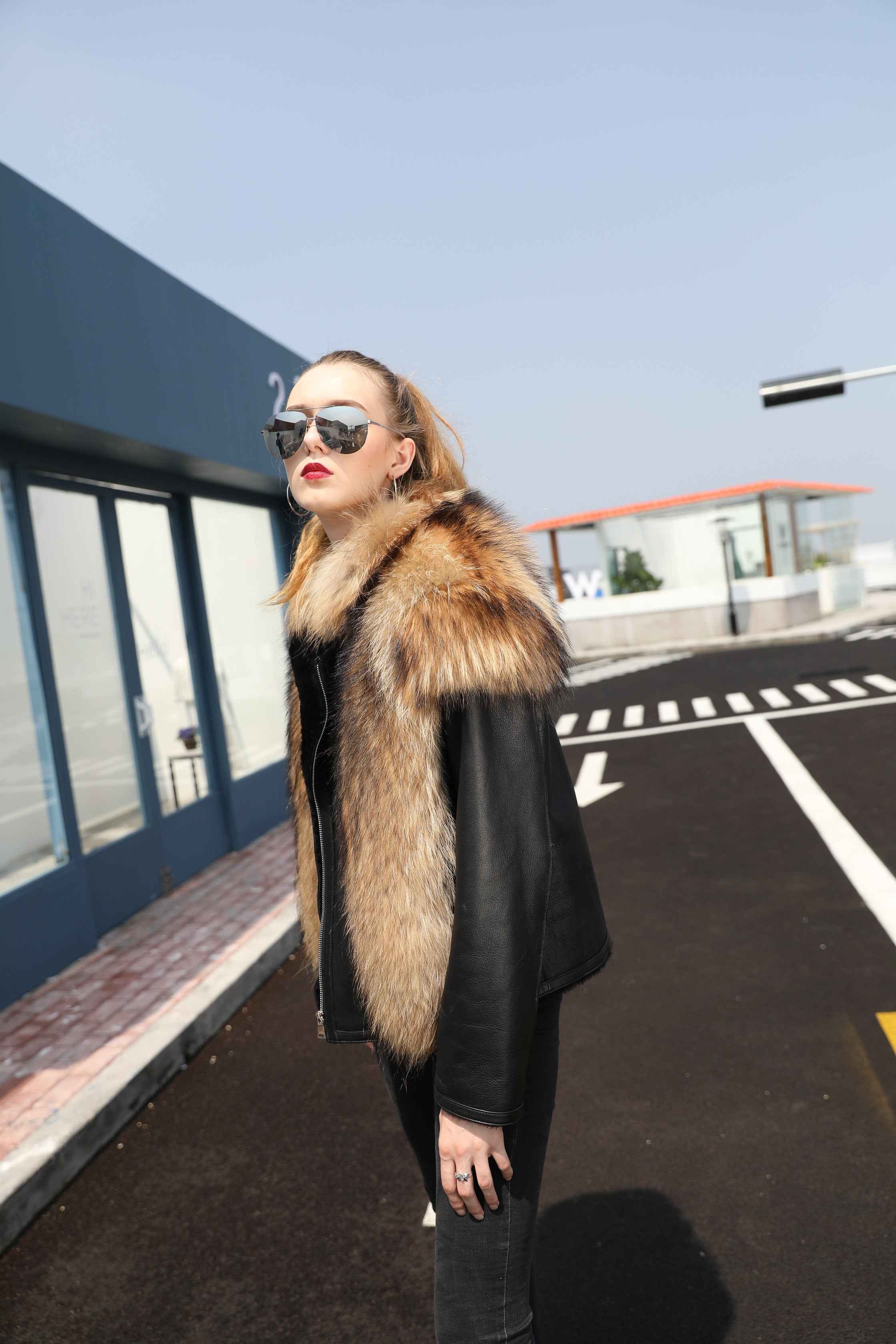 Women's Shearling Leather Coat with Raccoon Fur Trim - Windproof Luxury Winter Outerwear