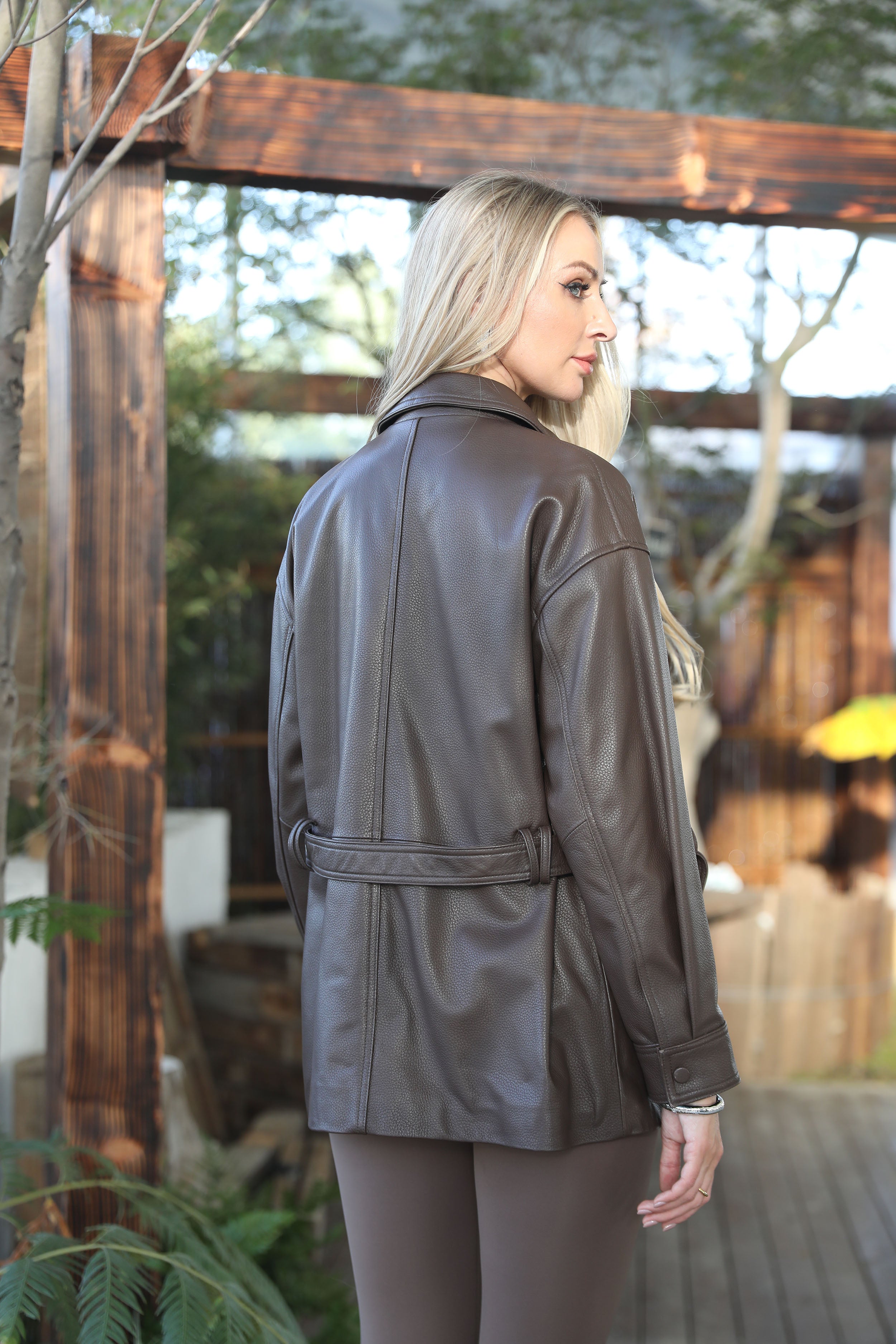 Black Leather Shirt Jacket with Belt and Pockets – Women’s Mid-Length Utility Style Coat for Casual & Office Wear