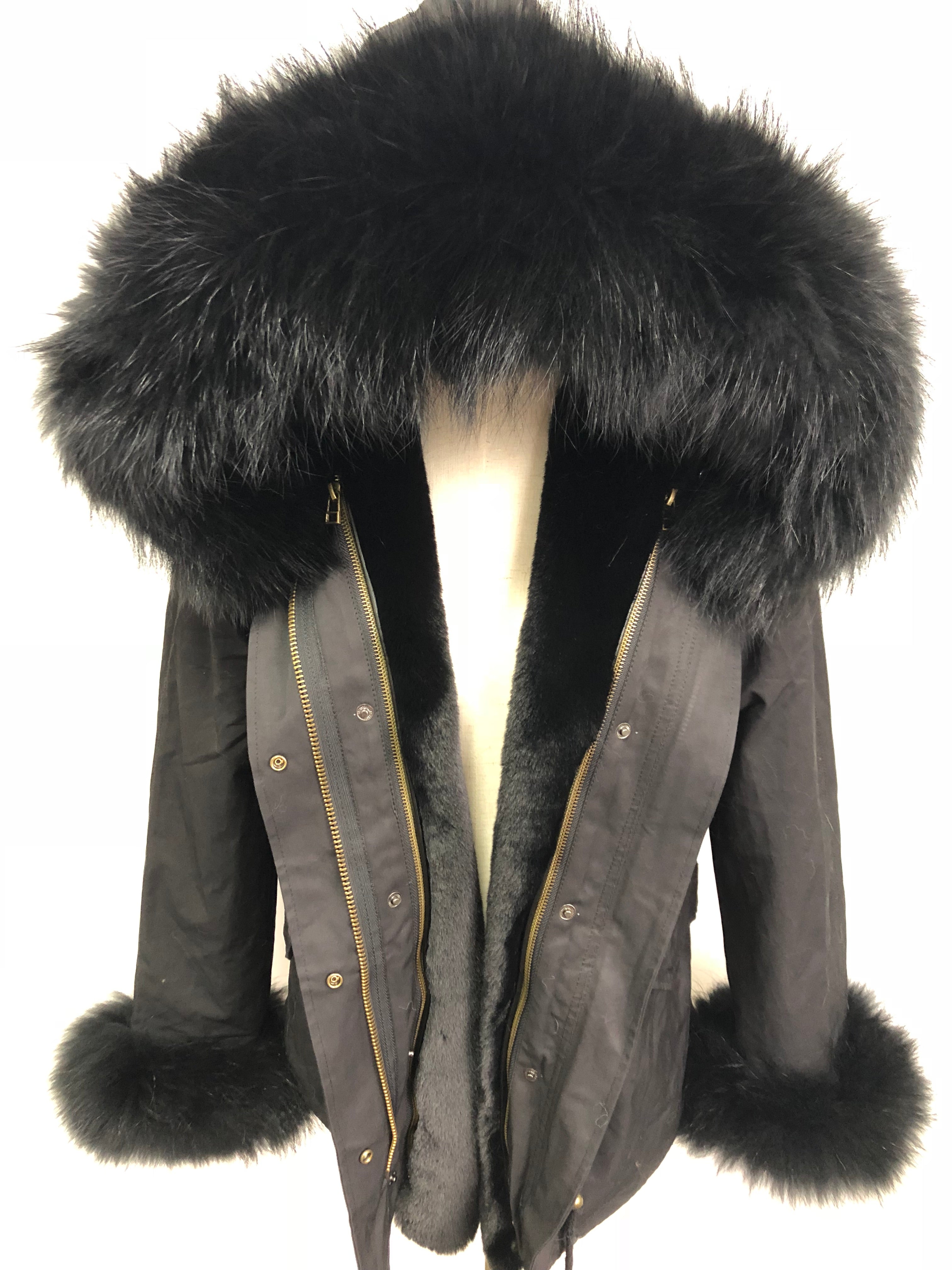 Short Faux Fur Parka – Winter Jacket with Fake Fur Collar & Pom Poms, Warm Outdoor Coat for Cold Weather 6#Black